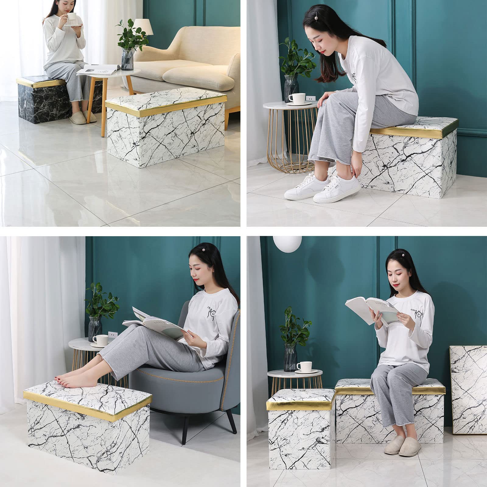 Banco plegable con almacenamiento, reposapiés tapizado de poliuretano para libros, revistas, almohadas y mantas, elegante diseño floral blanco para dormitorio, sala de estar, entrada y oficina, 23.6 x