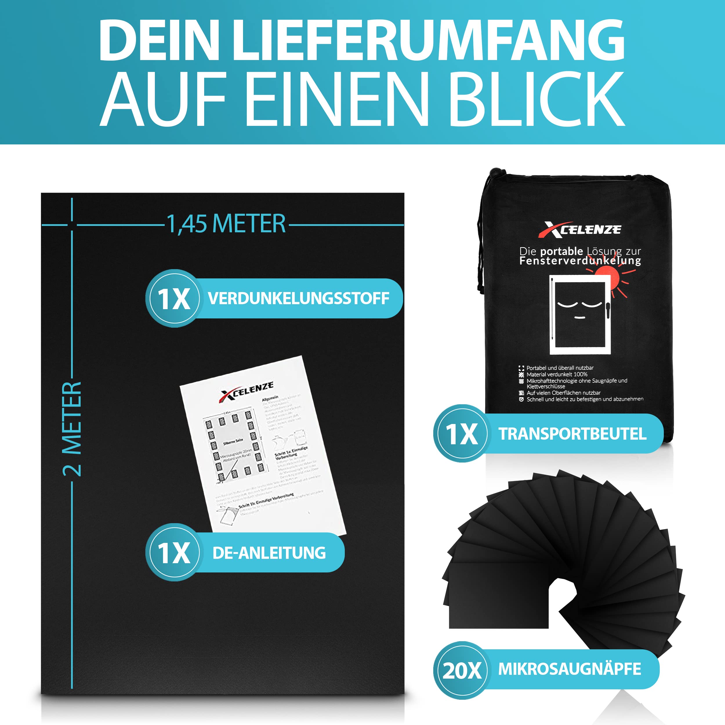 Xcelenze - Sonnenschutz Fenster Verdunkelung 100% lichtundurchlässig | 2m x 1,45m | Dachfenster Verdunkelung | Verdunklungsfolie für Fenster abdunkeln | Verdunklungsstoff Hitzeschutz Fenster (1)