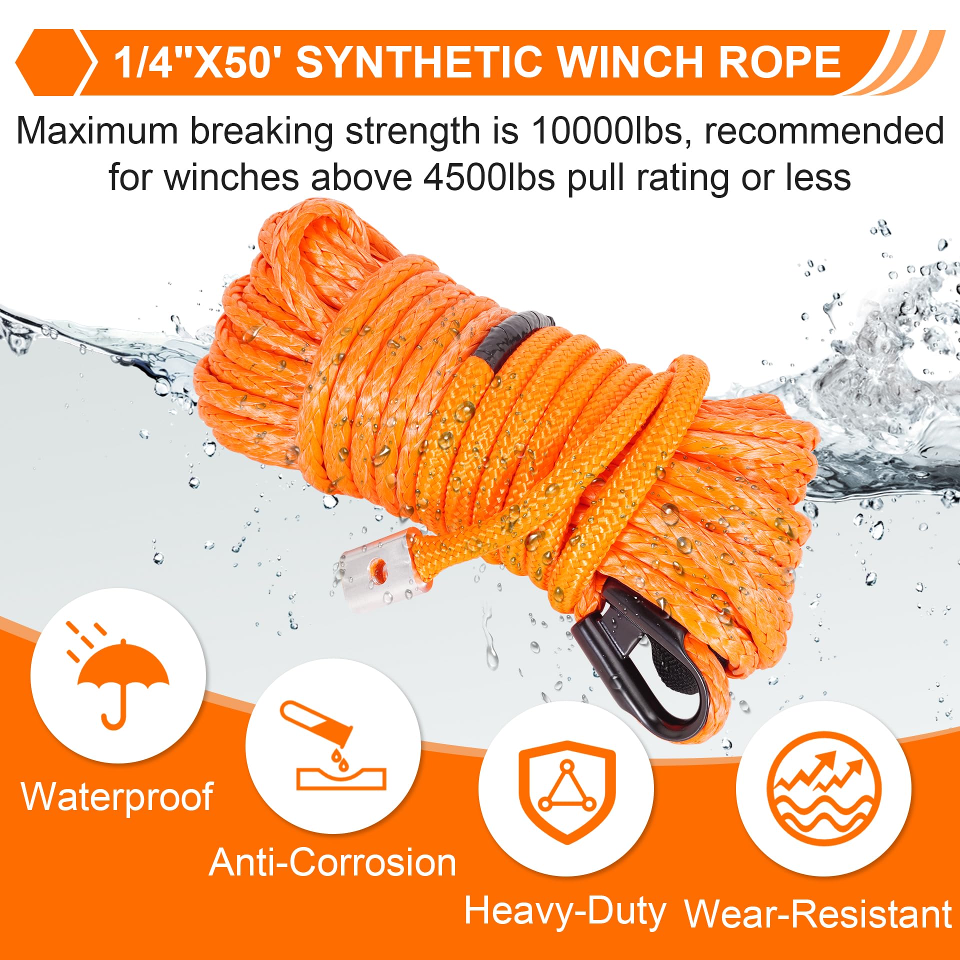Kit de Câble Synthétique Pour Treuil, 1/4"x50' ‌Câble de Treuil Avec Manchon Protection, ‌Crochet Treuil Renforcé et‌ ‌Bouchon En Caoutchouc, ‌Accessoires Treuil Pour (Orange, 1/4"x50')