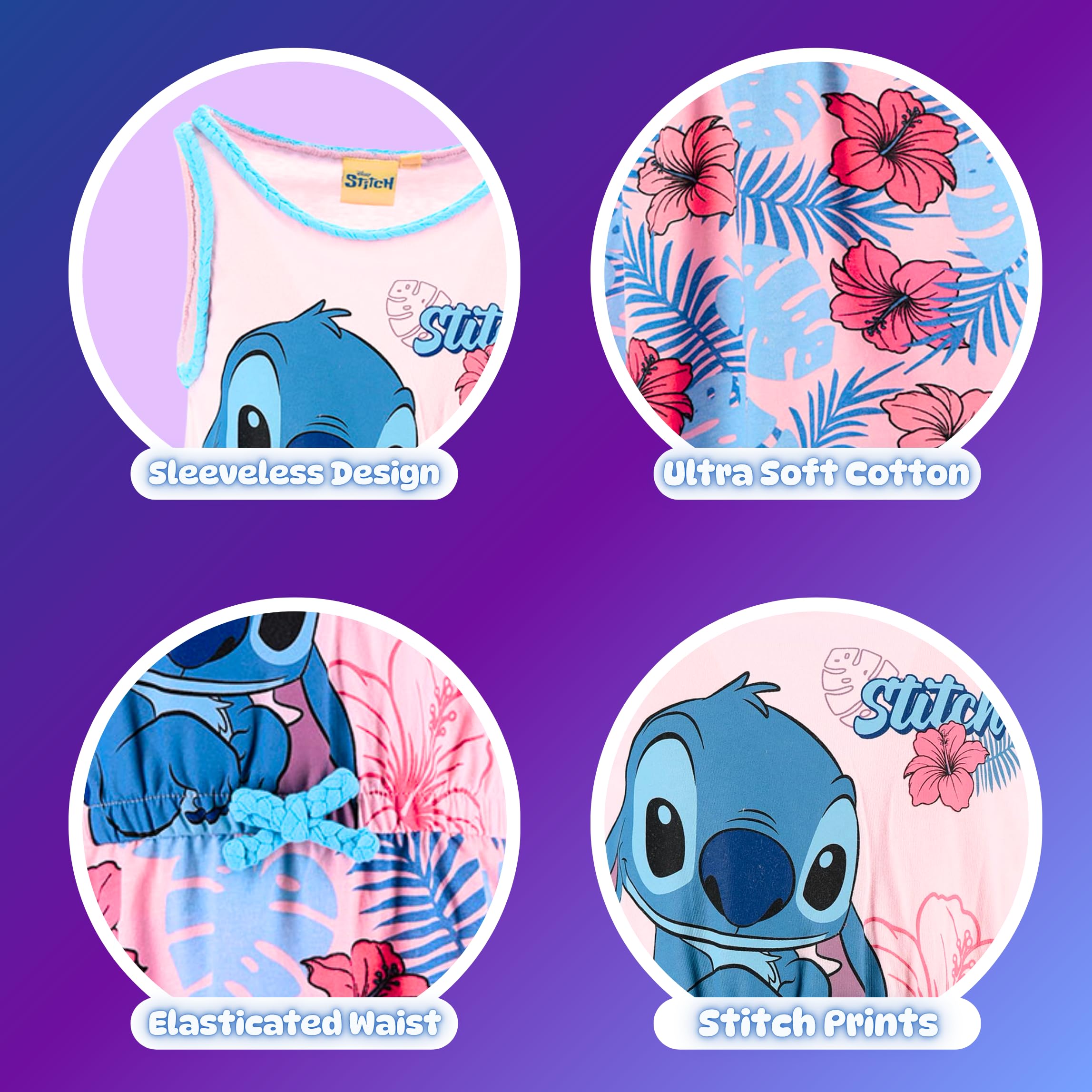 Disney Stitch Vestido para Niña Algodon Suave Tropical Manga Corta Tallas 3-8 Años