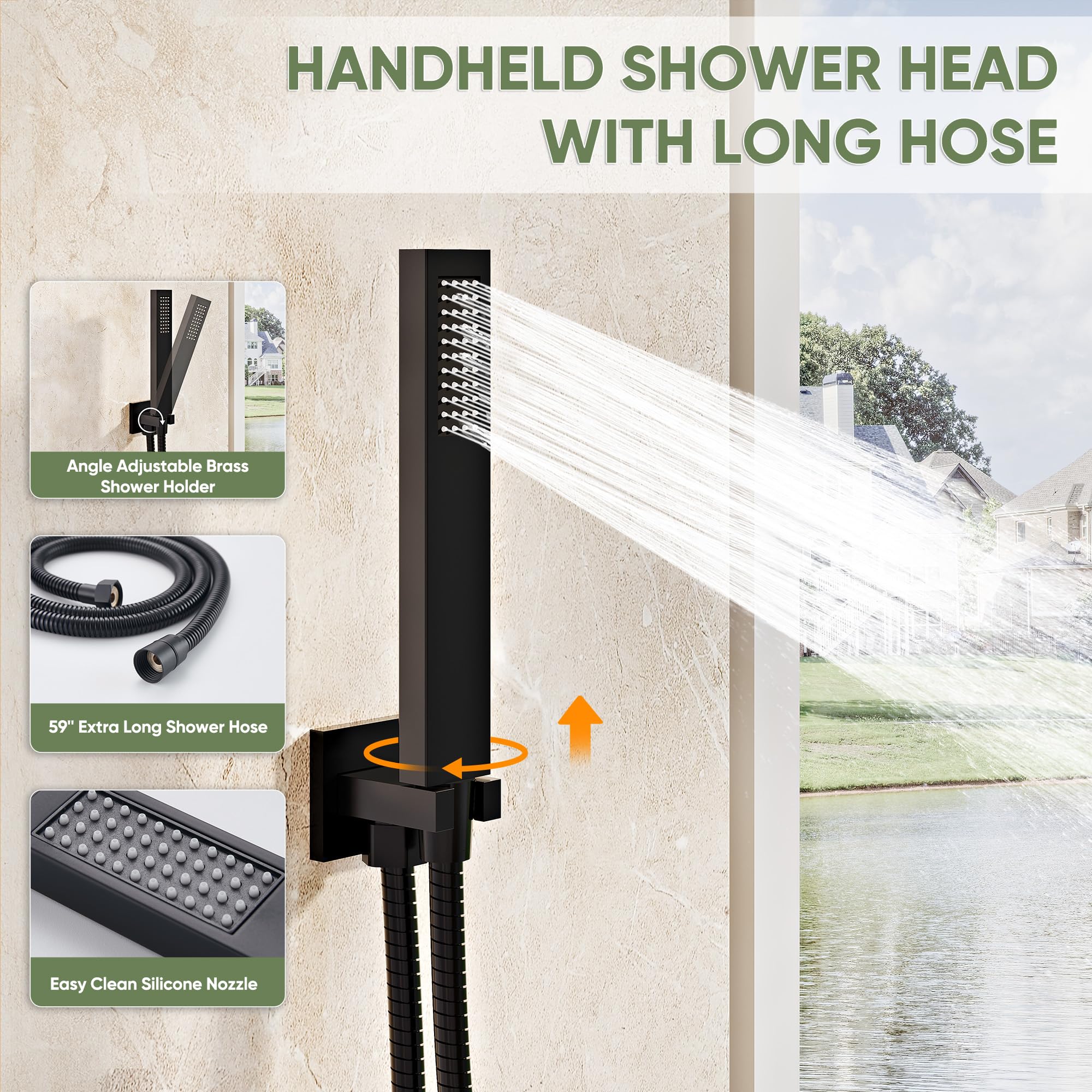 Sistema de ducha negro, juego de grifo de ducha montado en la pared con válvula, cabezal de ducha de lluvia de 10 pulgadas con rociador combinado de mano, manguera de ducha de 59 pulgadas de 5