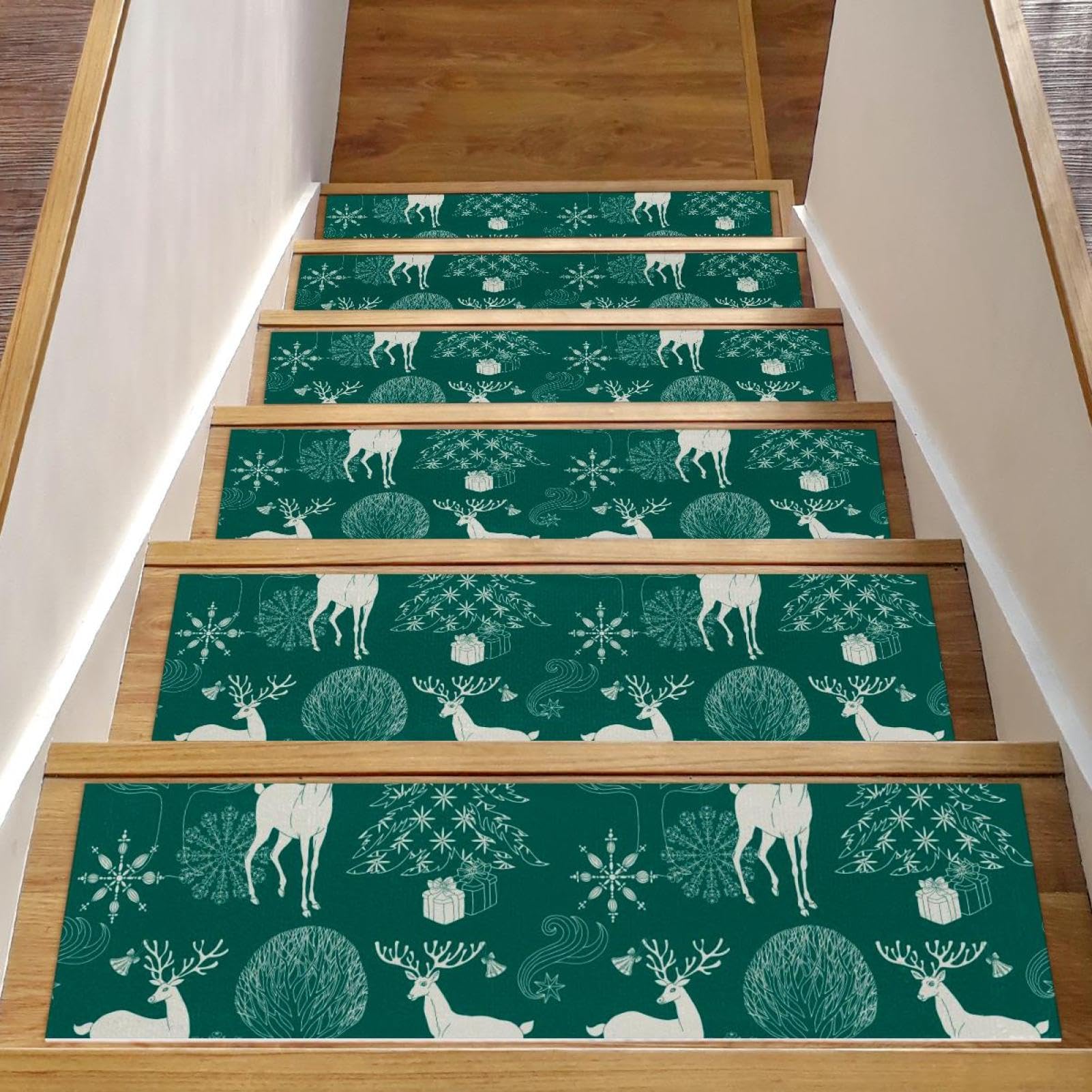 Peldaños de escalera de madera con diseño navideño de ciervos alfombrillas de alta resistencia 15uds