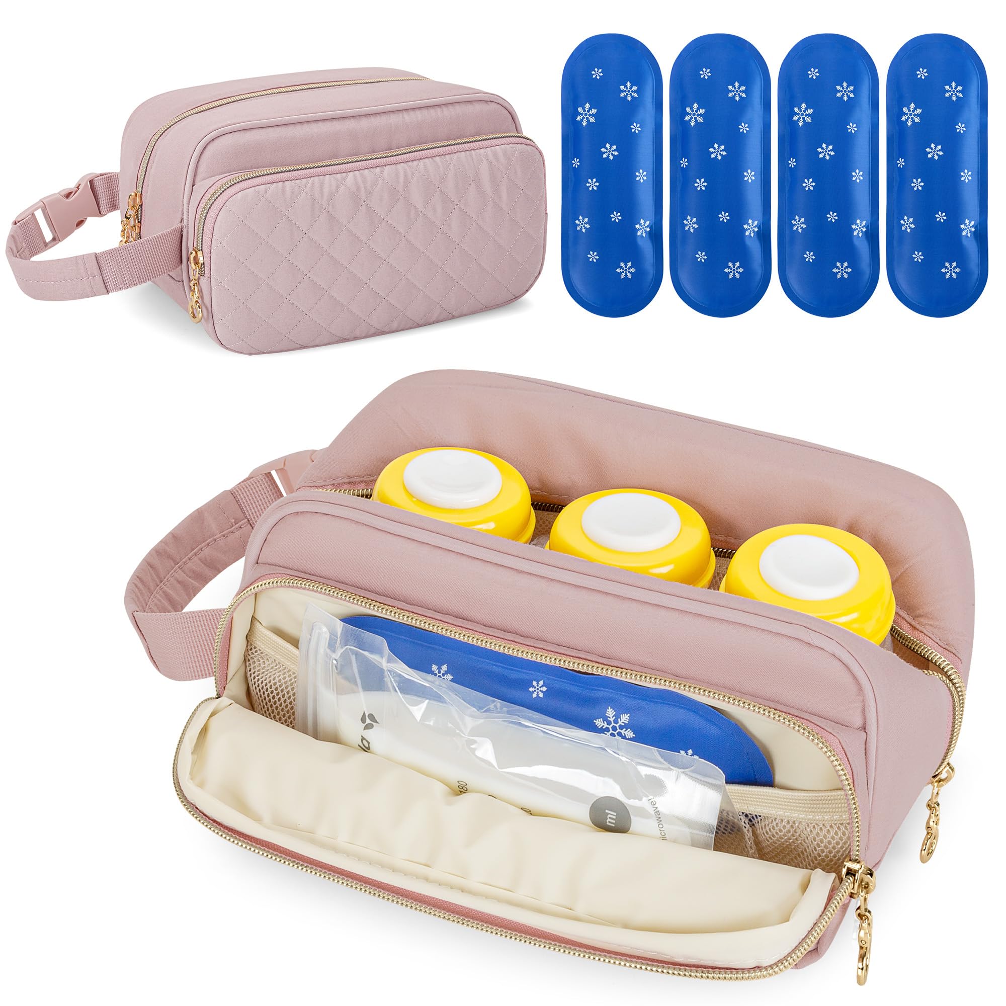 Damero Muttermilch-Kühltasche mit 4 Kühlakkus, Muttermilchflaschen-Kühltasche mit abnehmbarem Schnallengriff, Babyflaschen-Reisekühltasche für stillende Mütter, Rosa