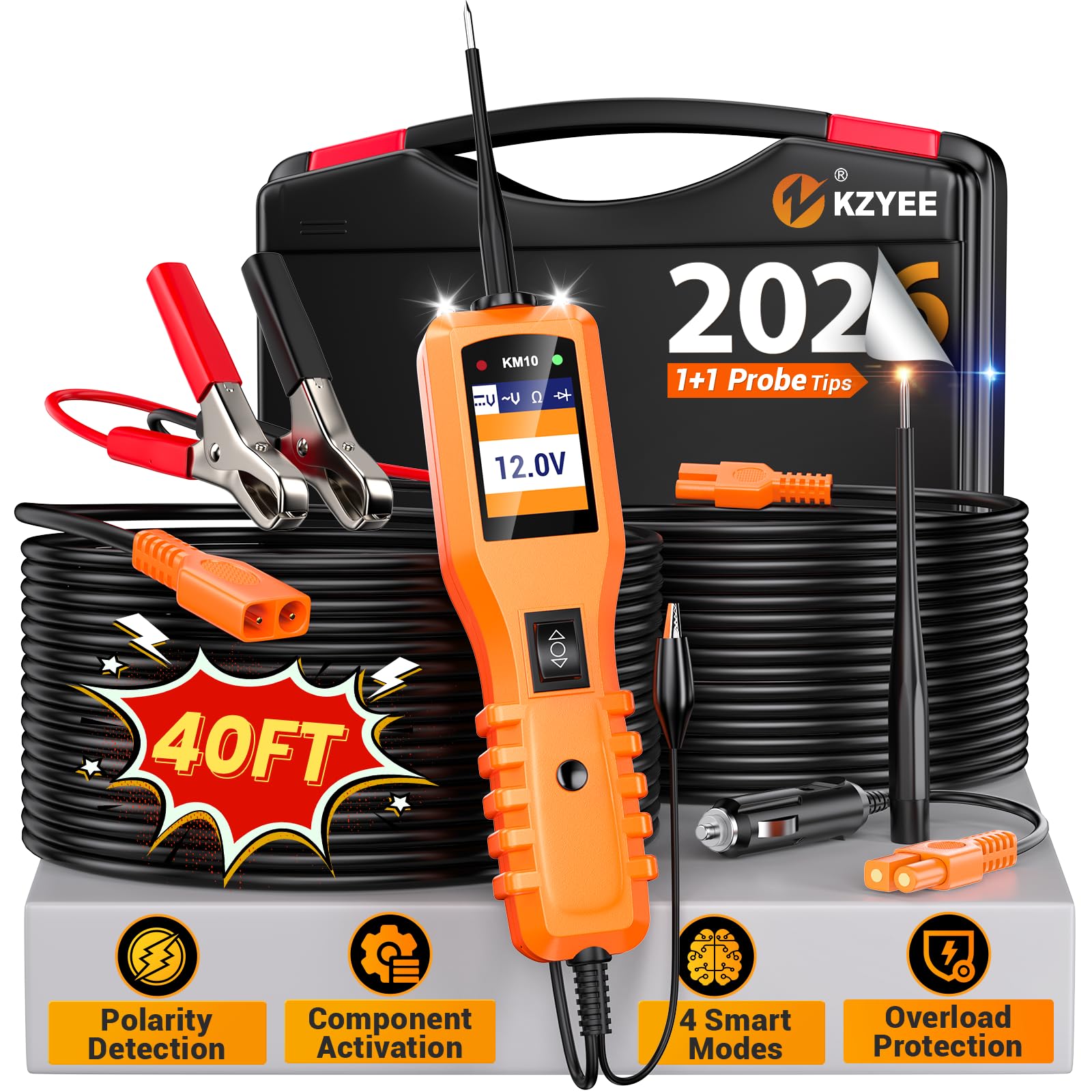 KM10 Power Circuit Probe Kit, 12V 24V Automotive Circuit Tester, Digital Multimeter, Short Finder, AC/DC Voltage Tester, Diode & Resistance, Current Probe Component Activation, 20FT+20FT Cable