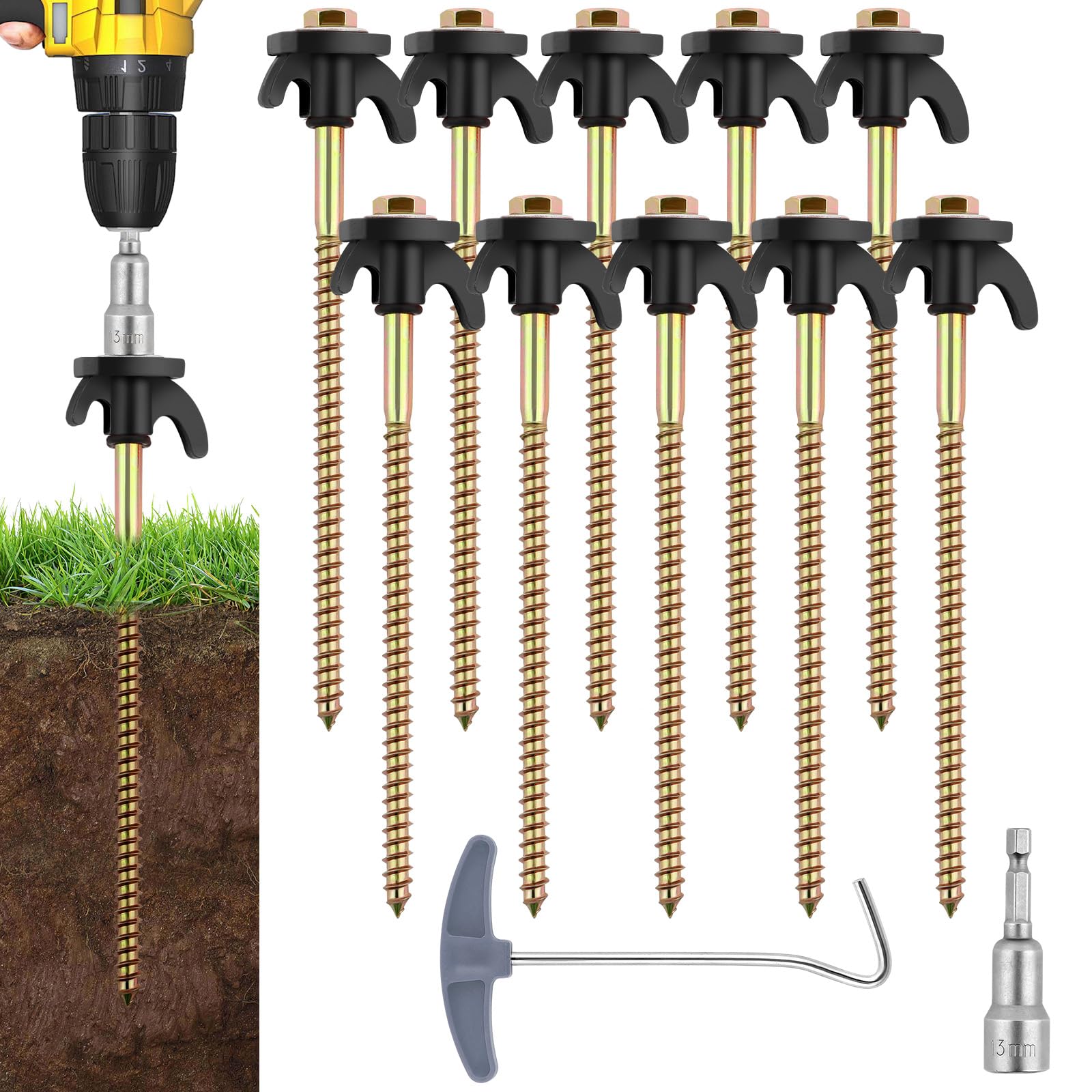 Flintronic 10Pcs Tent Stakes, 8" Heavy Duty Camping Stakes Rustproof, Metal Threaded Tent Spikes with Peg Extractor, for Hard Stony Ground and Gravel Pitches, Hiking, Camping Tent Accessories-Black — image 1
