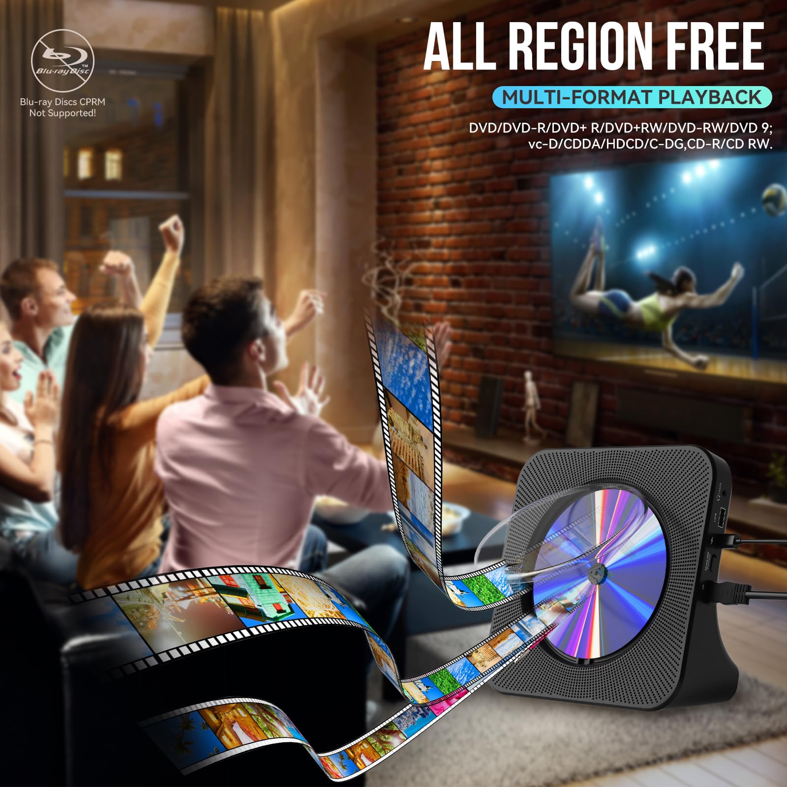Gueray Reproductor de DVD para TV Bluetooth Reproductor de DVD/CD de Sobremesa para el Hogar con Altavoces Radio FM con Reproductor de CD de Tarjetas USB Incluye Mando a Distancia Cable HDMI