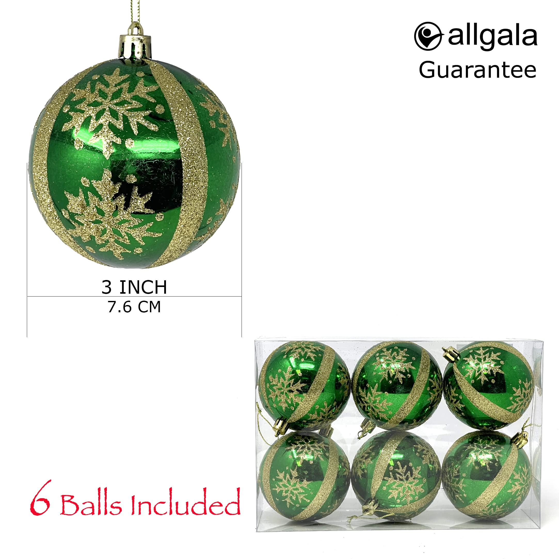 Allgala 6-PK 3 Inch Luxury Glitter Rich Decoration Christmas Tree Ornament Balls (Green)