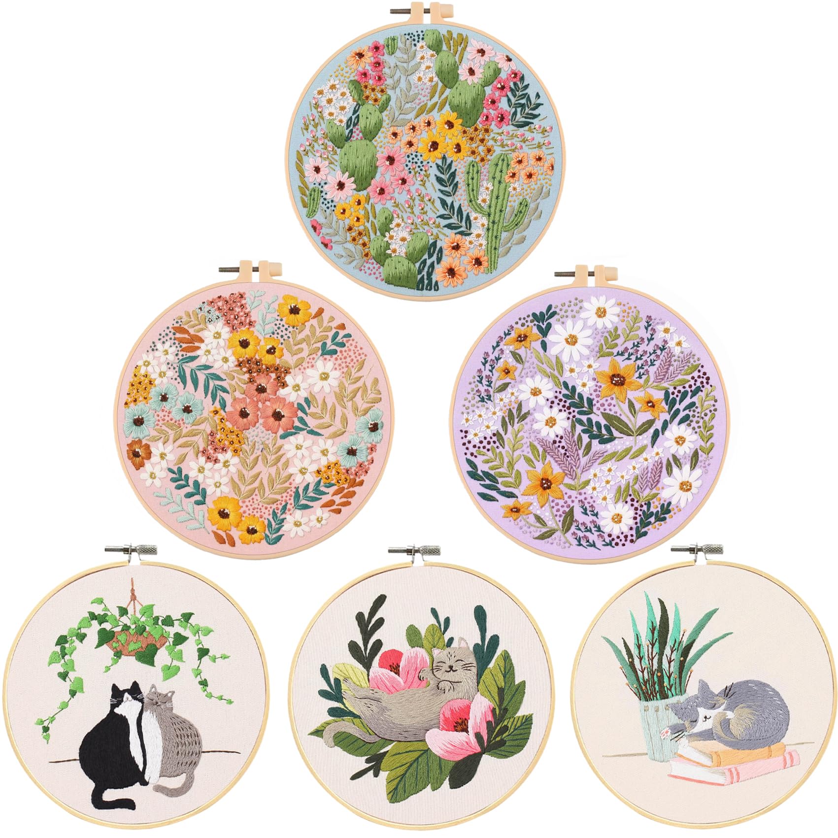 Santune 6 Sets Embroidery Kit,Cross Stitch Kits for Beginners,Needlepoint Kits for Adults with Easy Stamped Flower Pattern Fabric Hand Crafts,Hoops,Needle,Women DIY Hanging Plants,Sewing Hobby