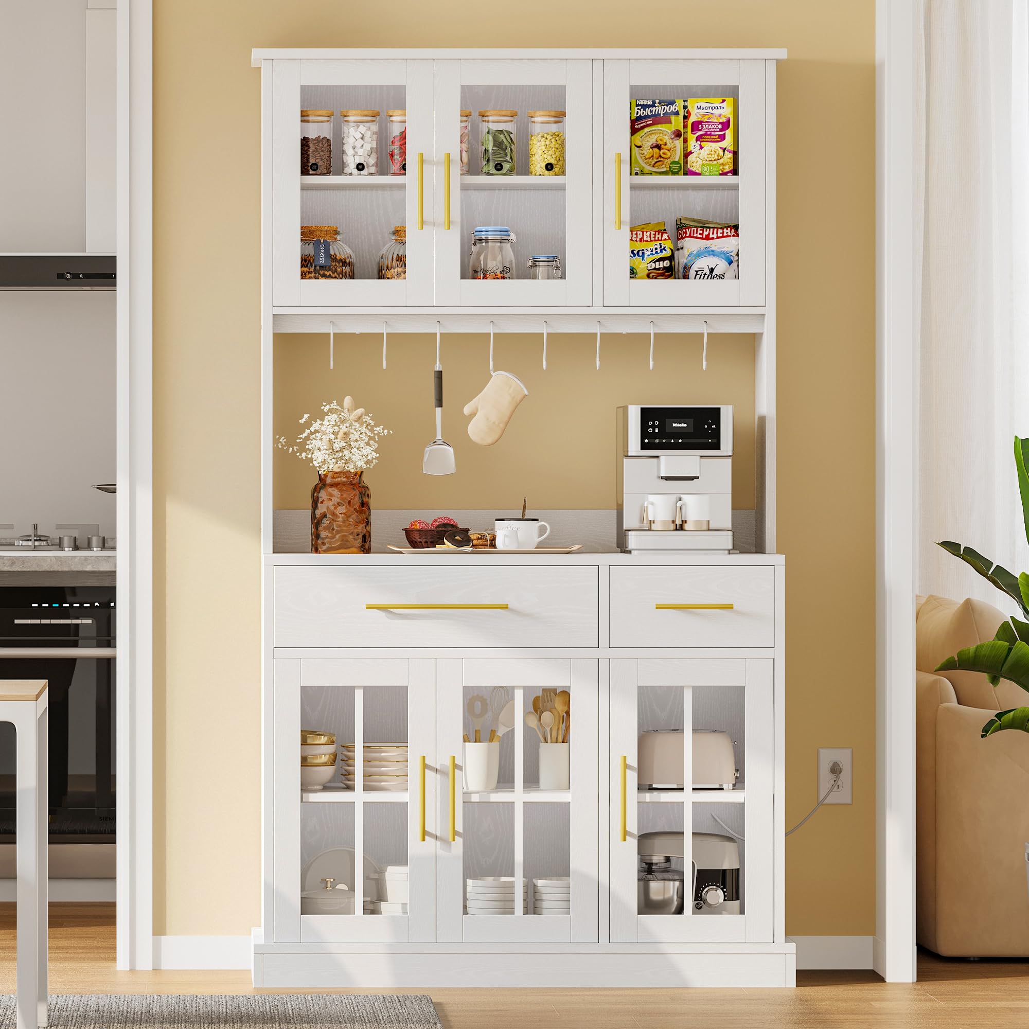 YITAHOME Kitchen Pantry Storage Cabinet with Power Outlet, 71'' Freestanding Hutch Cabinet with Microwave Stand, Sideboard Buffet Cabinet with Adjustable Shelves, Drawers, Glass Doors for Home, White