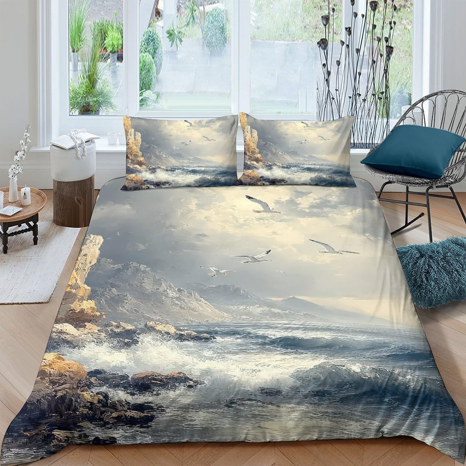 Ctjqhvkz Style-2 3D Printed Ocean Wave Fitted Sheet Microfiber Soft Watercolor Sky Mattress Cover Bedroom Decor Easy Care Single（135X200cm）