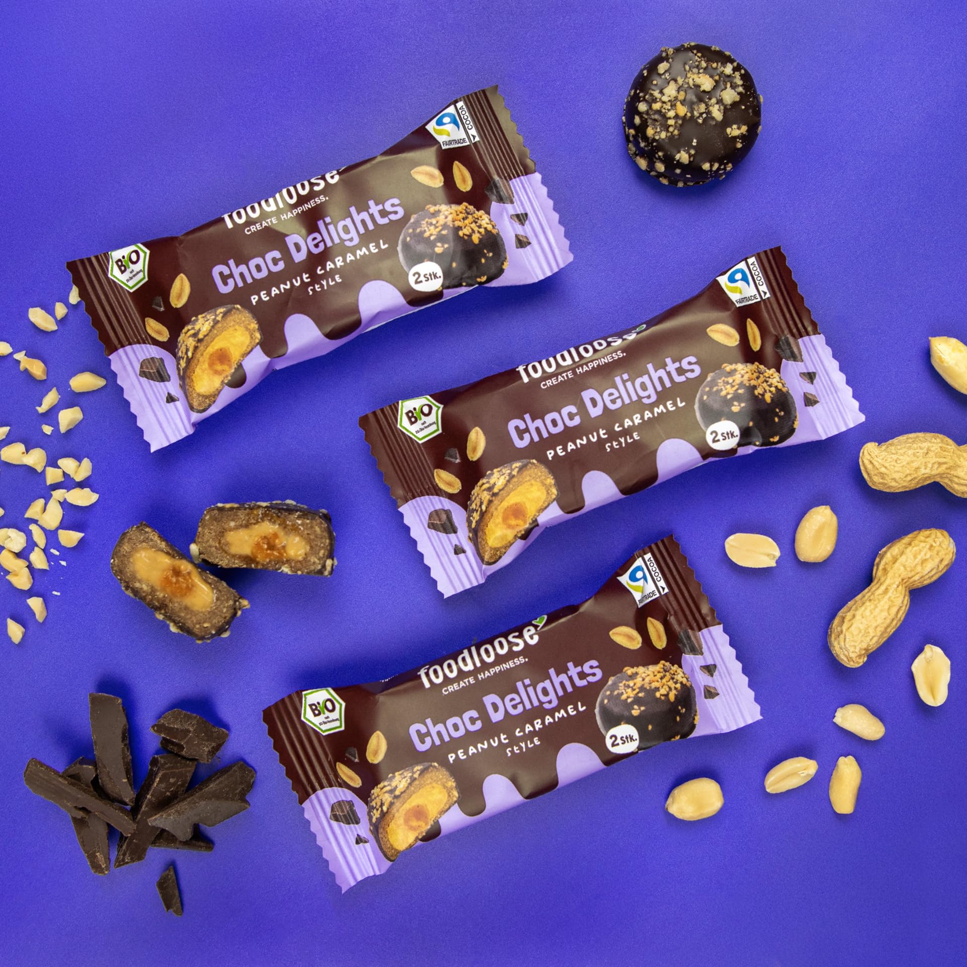 foodloose Choc Delights Peanut Caramel | Gefüllter Dattelsnack mit Erdnussmus Umhüllt von Dunkler Schokolade | Bio, Vegan, Glutenfrei & ohne Künstliche Zusätze | Vorteilspack (12 x 20g)