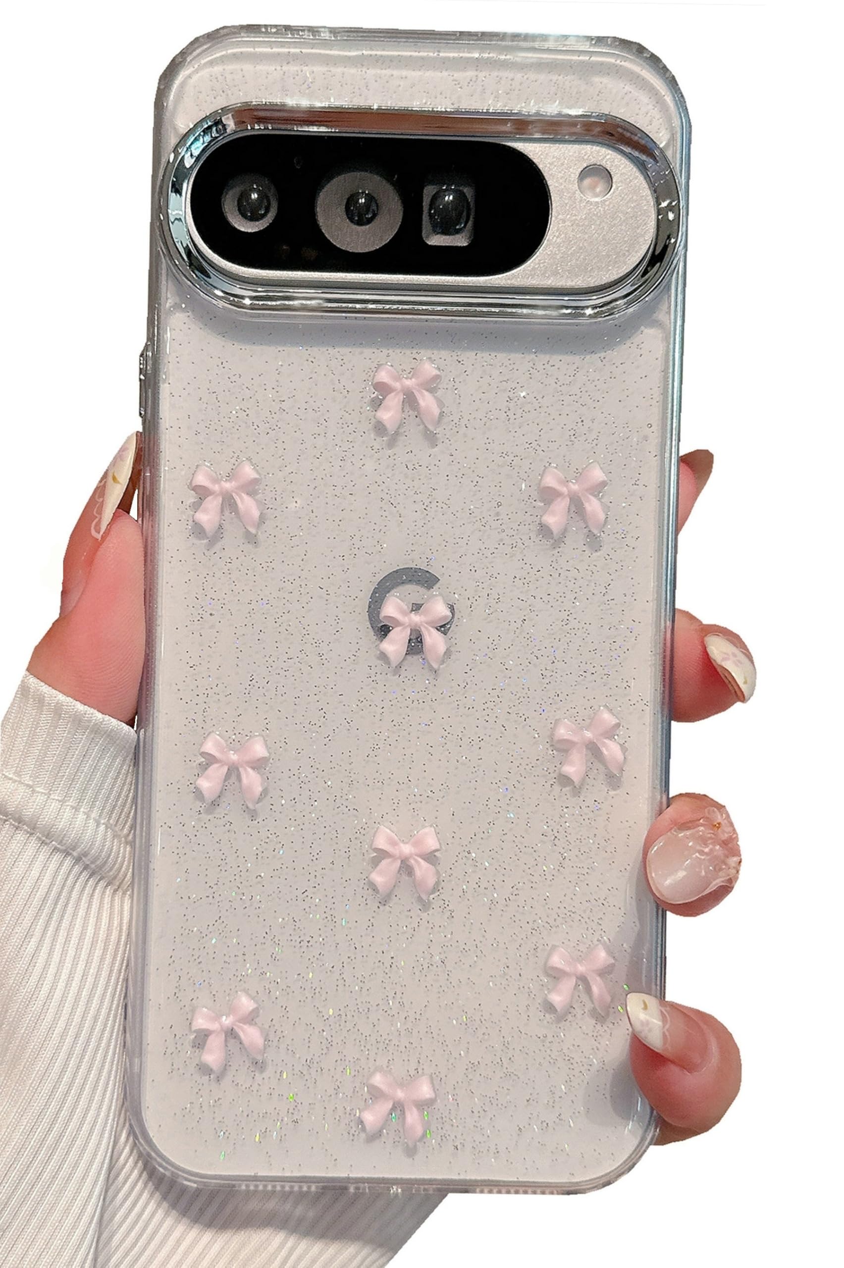 JANDM Clear Glitter 3D Bow for Google Pixel 9 Pro/Pixel 9 Case,Glitter Pretty Sparkly Cute Shockproof Girls Women Protective Slim for Pixel 9/9 Pro