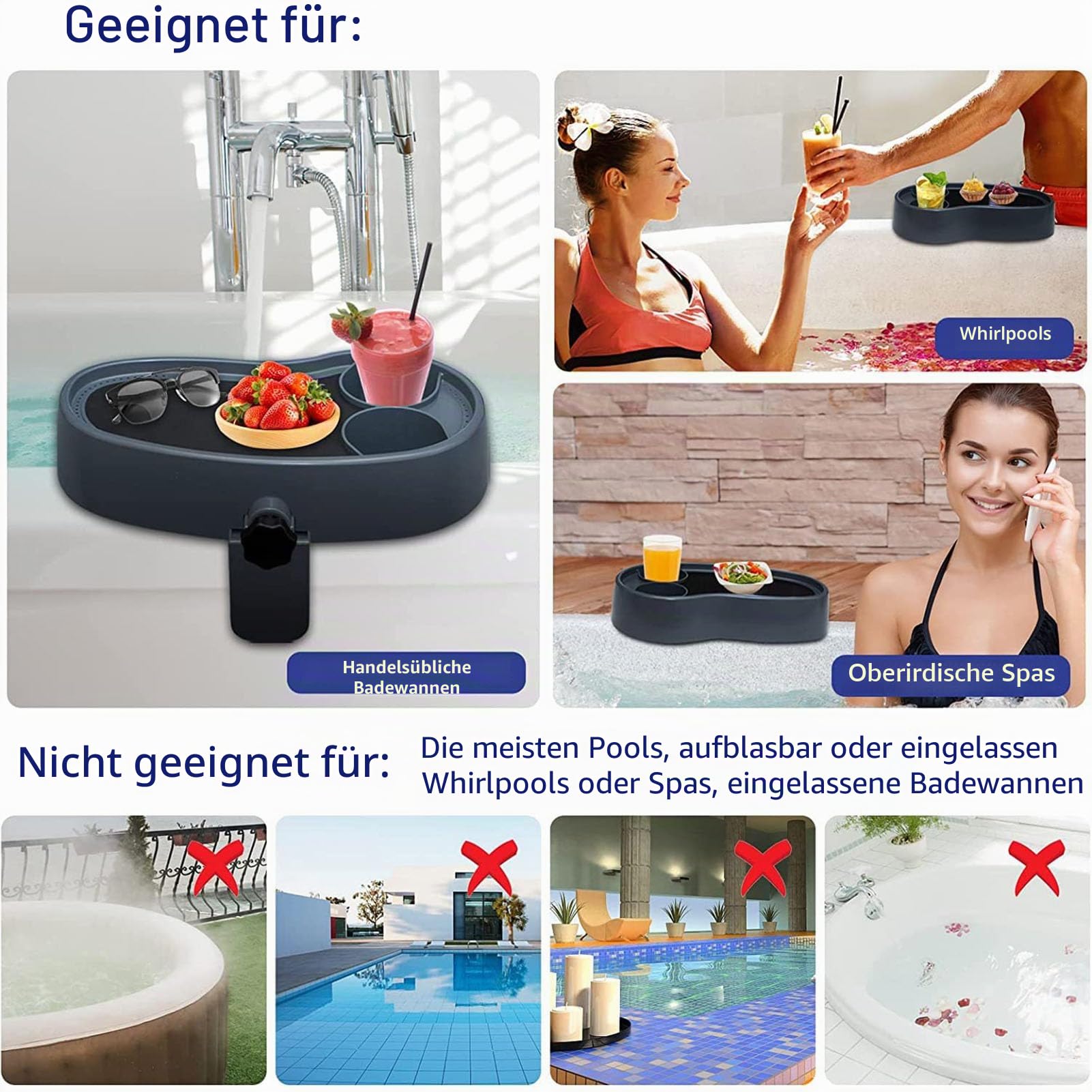 Badefass-Tablett, Rutschfestes, Verstellbares Badewannen-Serviertablett, Badefass-Tisch, Getränkehalter, Spa-Tablett, Becherhalter für Oberirdische Badewanne, Spa, Badefass