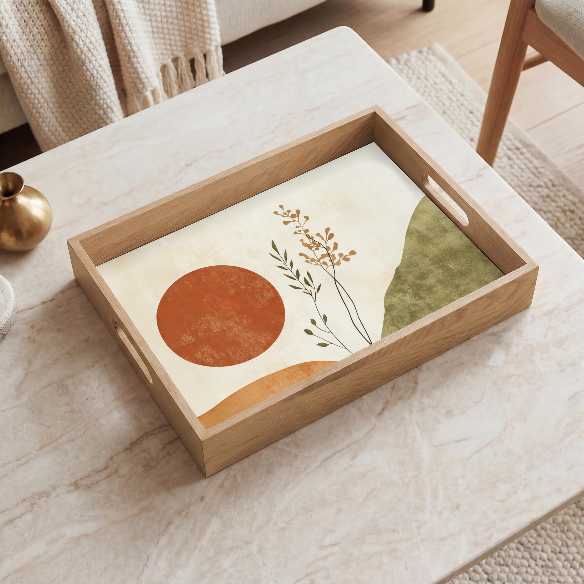 Holztablett Rechteckig 40x30 cm Küchentablett Servier Tablett Eiche Serviertablett Holz Servierplatte Mit Henkel Tray Kaffeetablett Sonne - Abstrakt - Äste - Orange