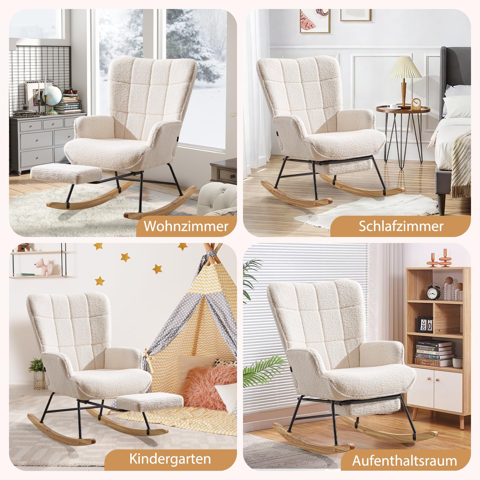 Schaukelstuhl mit Fußstütze, Schaukelsessel mit Fußstütze, Teddystoff Gepolsterter Lesesessel Relaxstuhl Sessel mit Holzkufen für Wohnzimmer Schlafzimmer, Elfenbeinweiß