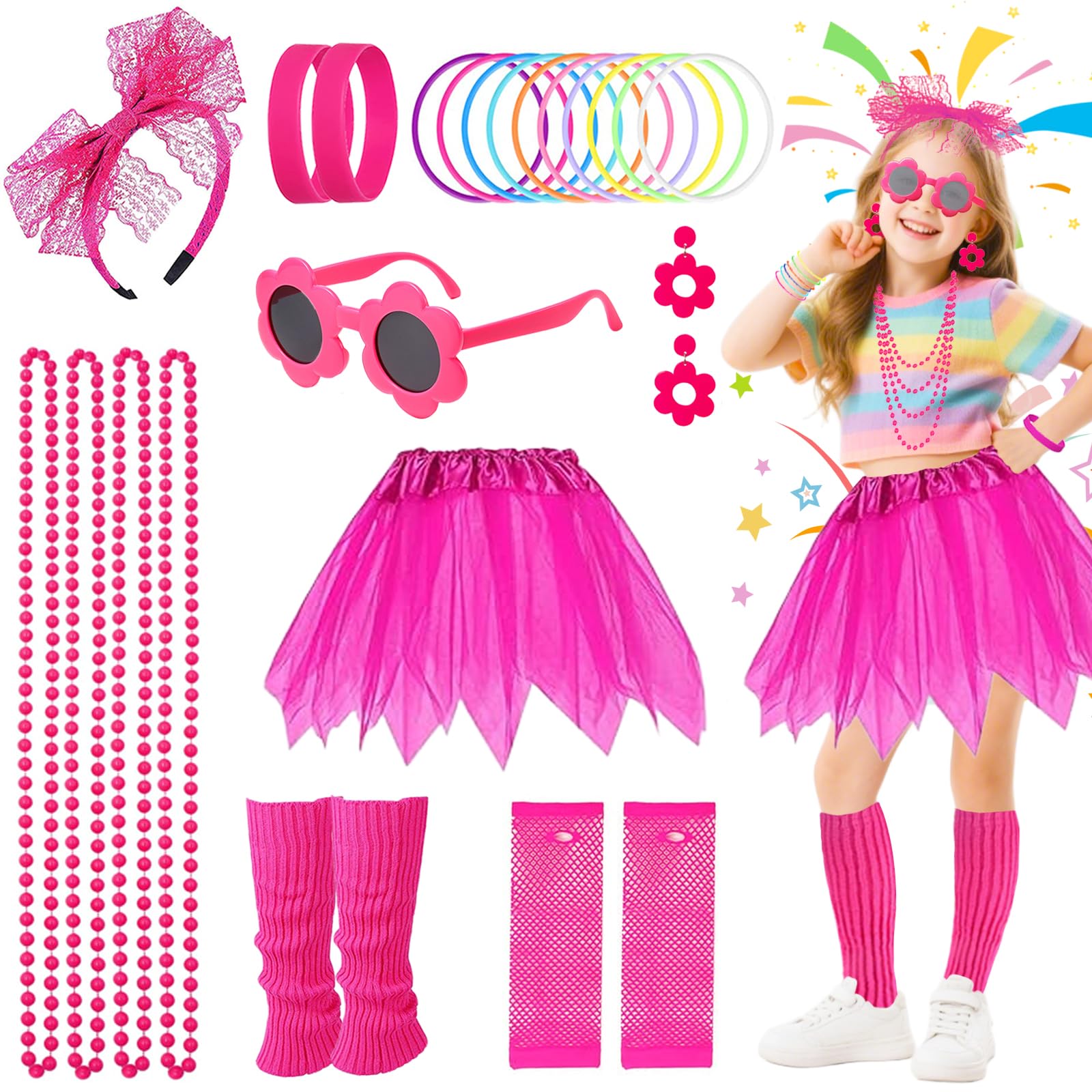 80s Fancy Dress Costume Accessories Set for Girls, 9Pcs Rose Red Costume Accessories with Tutu Skirt Leg Warmer Earrings Fishnet Gloves Necklaces Glasses Bracelets Headband, Neon Outfit for 80s Party