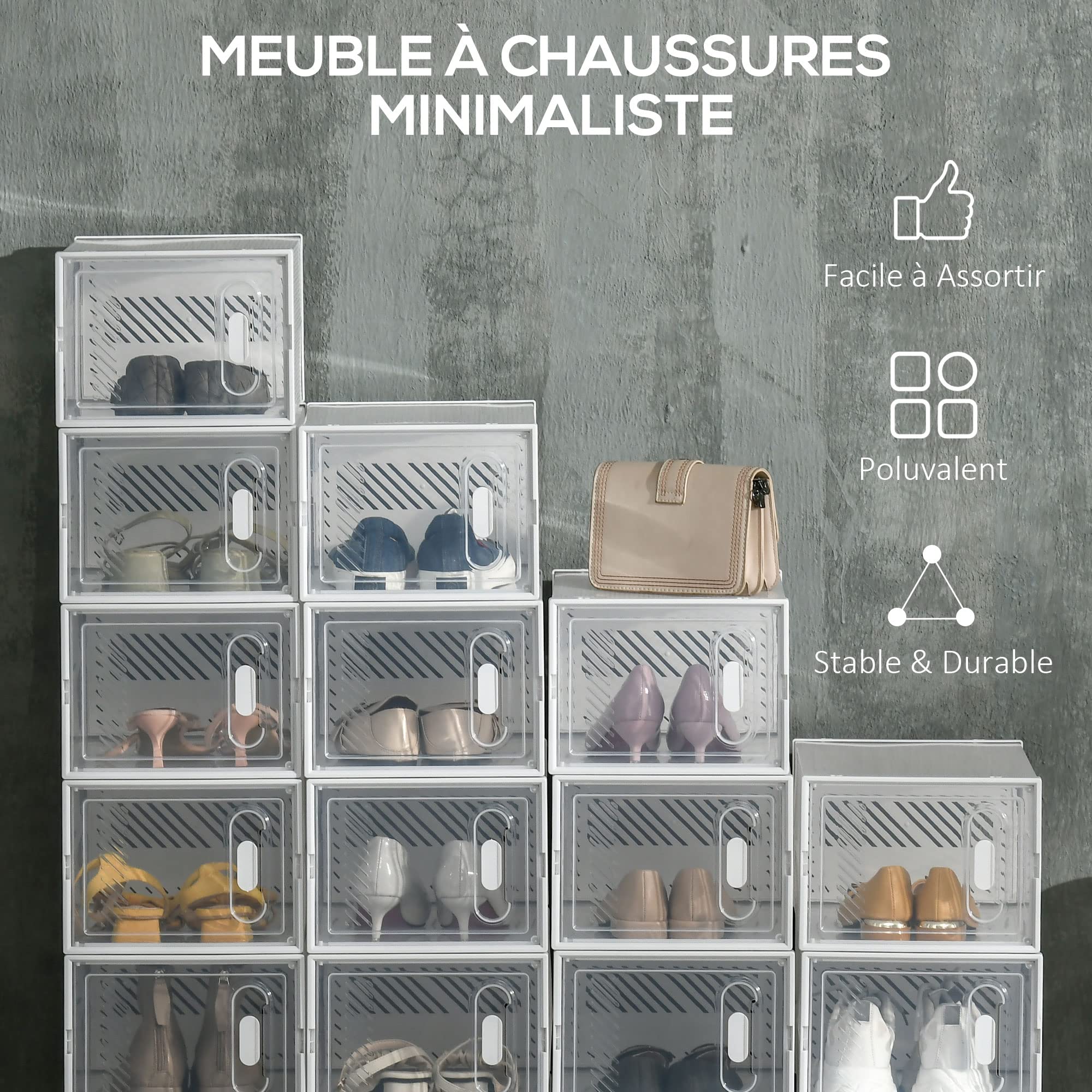 HOMCOM Lot de 18 Boites Cubes Rangement à Chaussures, 25 x 35 x 19 cm | Modulable, avec Portes Transparentes