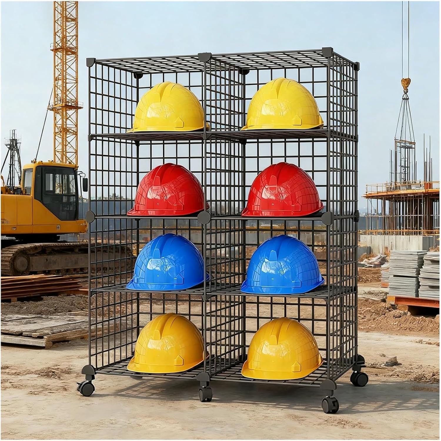 Hard Hat Rack for Construction Site, Large Stackable Safety Helmet Storage Boxes with Wheels, Adjustable Hard Hat Storage Rack for Garage/Workshop/Factory