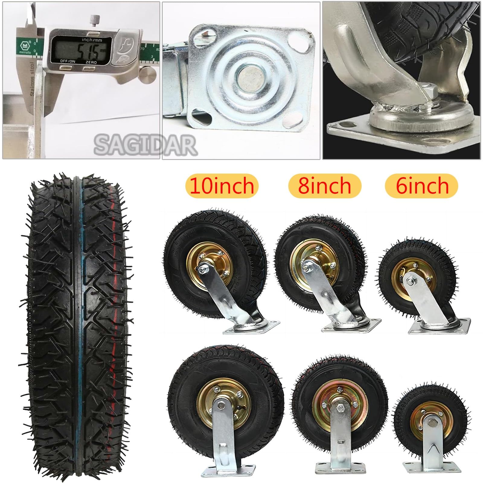 Luftreifen Gummi Lenkrolle, Schwerlastrollen, 2 Lenkrollen + 2 Bockrollen, Möbel Industrierollen Pannensichere Ø15/20/25cm, Tragkraft 150Kg, Für Trolleys, Transportroller, Werkbank Rollen(15cm)