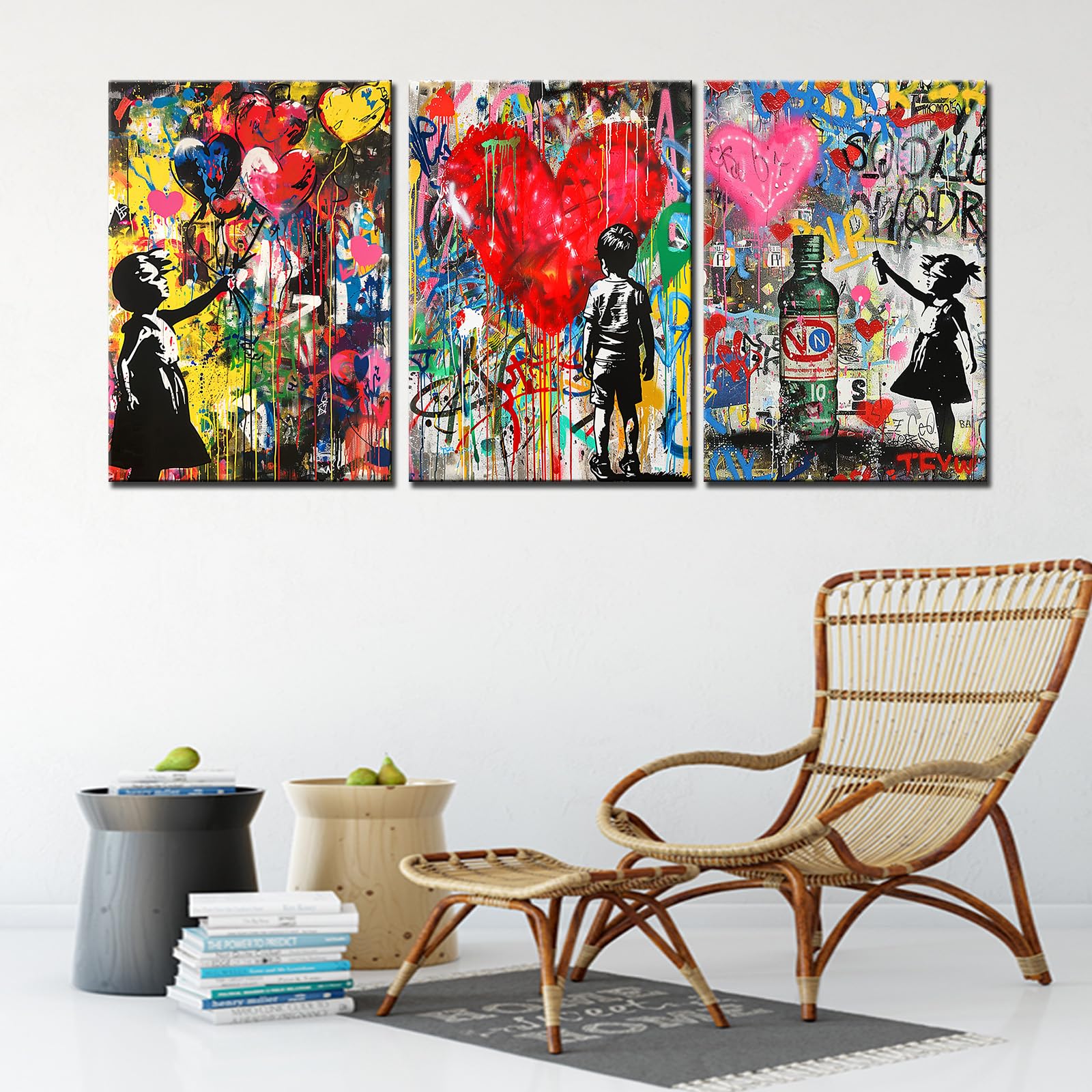 Tucocoo Room Wall Pictures Banksy Colorful Graffiti Paintings 3 Pcs Canvas Abstract Little Girl Balloon Modern Artwork Home Decor for Living Room Bedroom Office Framed Ready to Hang Gift 42''Wx20''H - Image 2