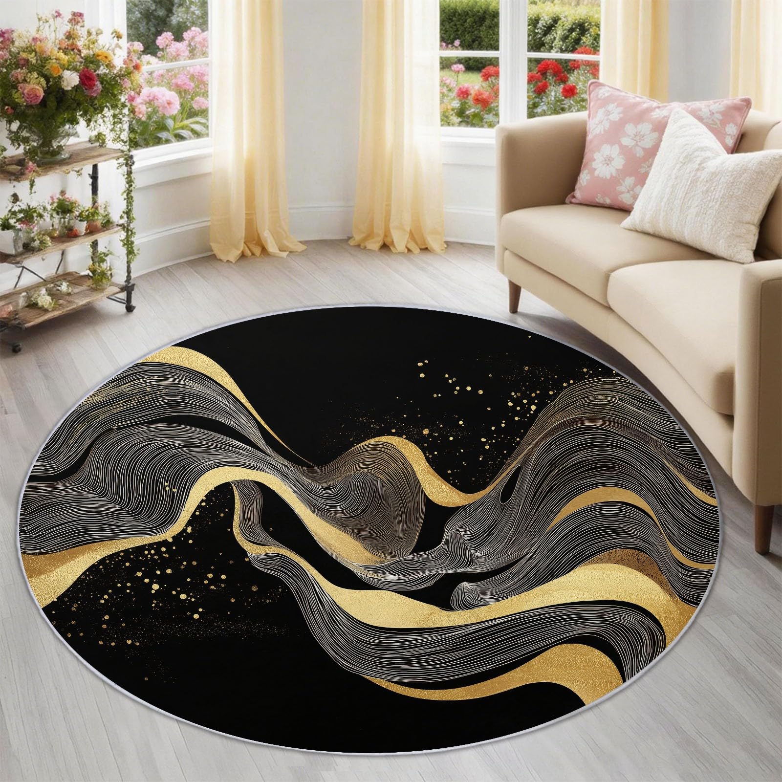 Nero 160 cm (Round) Tappeto Rotondo Salotto Stile giapponese increspature fantasia, Lavabile e Antiscivolo, Morbido Tappeto per Camera da Letto e Soggiorno, per la Protezione del Pavimento