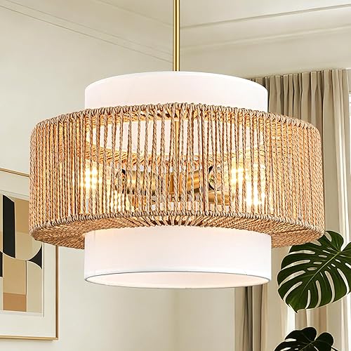 Miniatura 8 de Lámpara Colgante de Ratán de 12.4", Luminaria de Araña Boho de 1 Luz, Luminaria de Techo Colgante de Ratán Estilo Granja para Comedor, Sala de