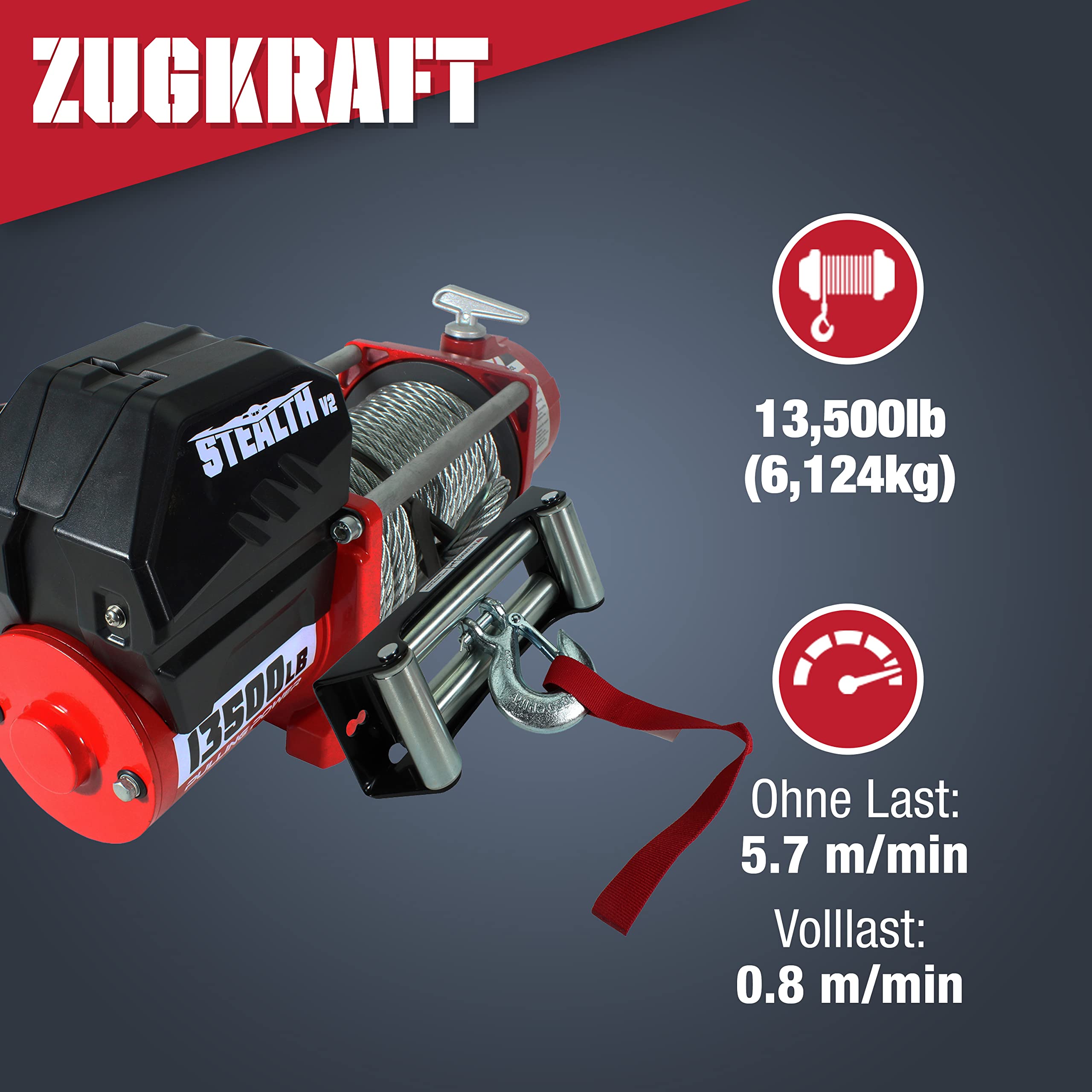 Stealth V2 13500lb 12v Kabellose Budget-Bergeseilwinde - Hochleistungsmotor, Vollstahl-Getriebe, Schwerlast-Dichtring-Solenoid, 2 Drahtlose Fernbedienungen, Benutzerfreundlich - Stahlseil