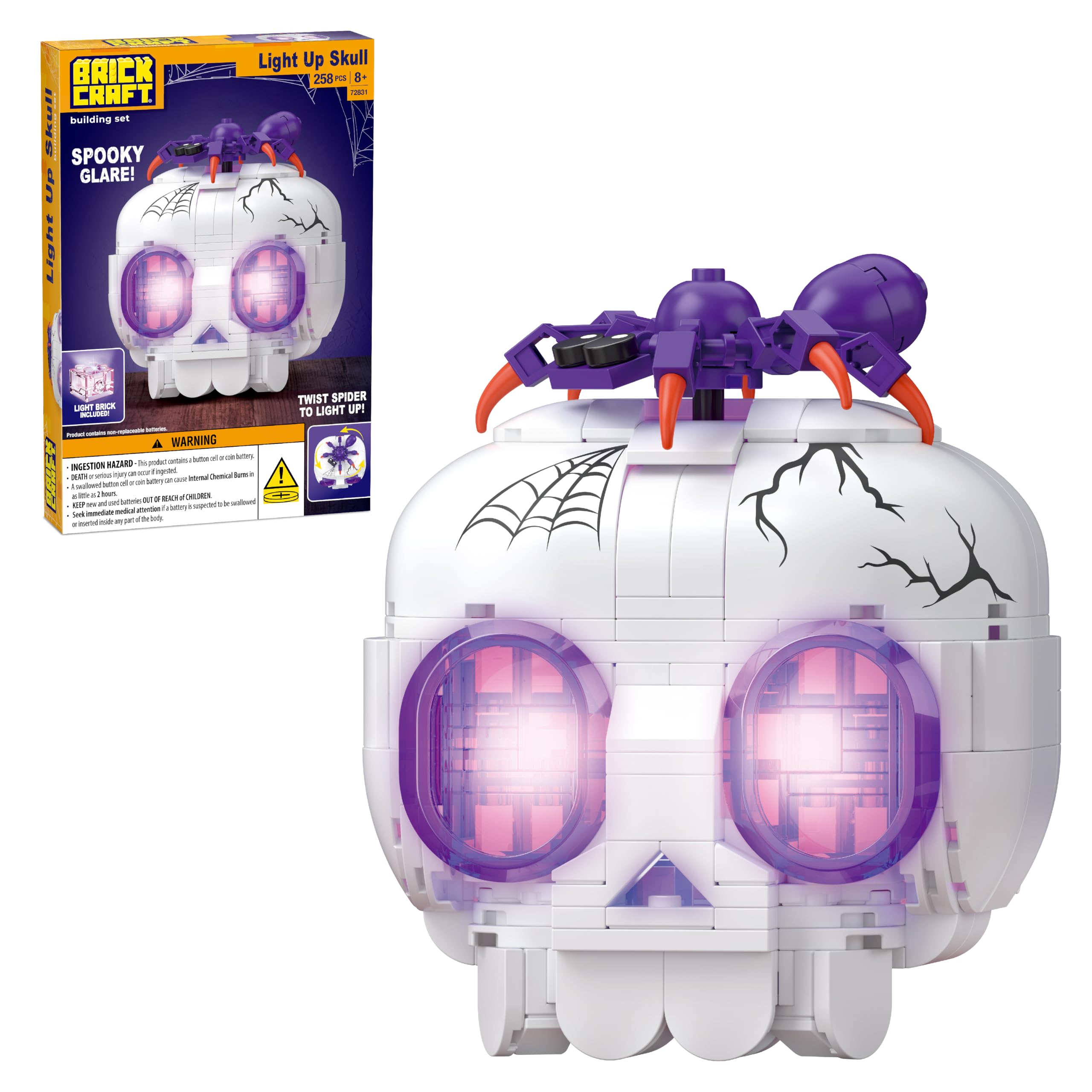 Brickcraft Halloween Skull Building Kit (258 Pieces), Glowing Eyes with Twist-Spider Switch, Spooky Decor Collectible with Display Stand, Gift for Ages 8+