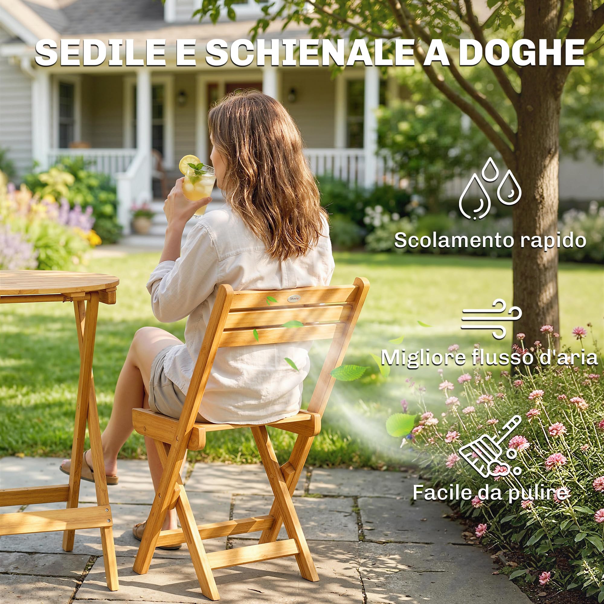 Outsunny Set da Bistrò da 3 Pezzi Pieghevole in Legno di Acacia, Set da Giardino con 2 Sedie, Tavolino, 2 Cuscini, Schienale a Doghe, Set di Mobili da Giardino per Patio Balcone Terrazzo, Color Legno