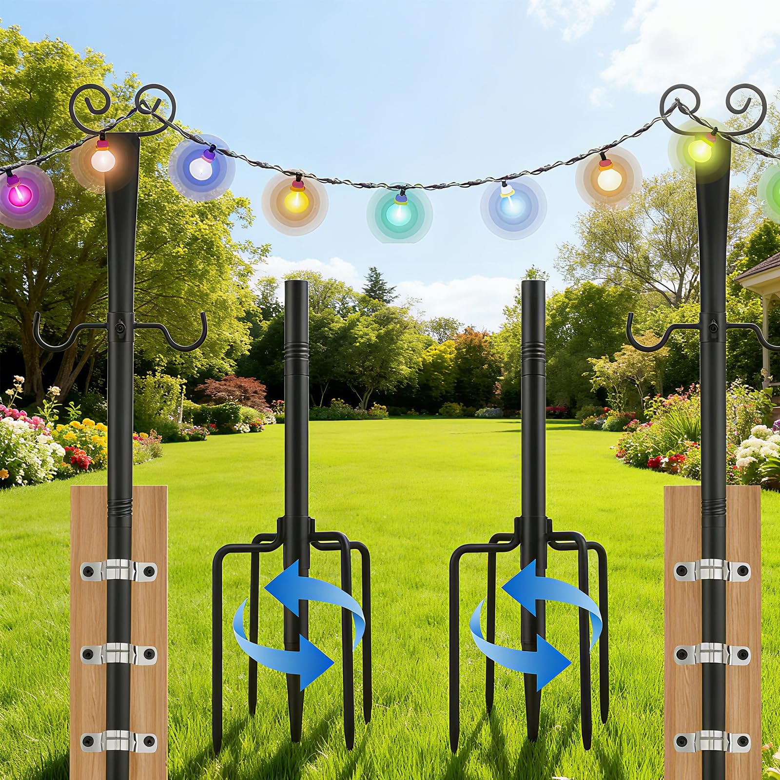 Juego de 2 Postes para Luces de Cadenita 2.7m, con 2 Ganchos en S por Poste, Acero al Carbono para Exterior, Jardín, Terraza, Fiestas, Navidad - Incl. Soportes y Tornillos