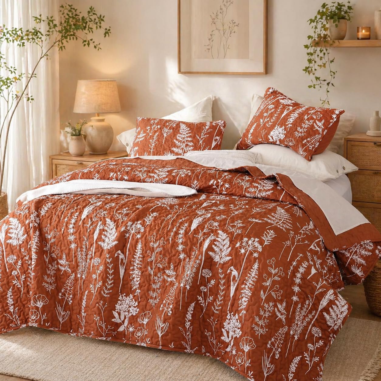 Amazon.com: JANZAA Quilts Queen Size Floral Bed Spread Terracotta