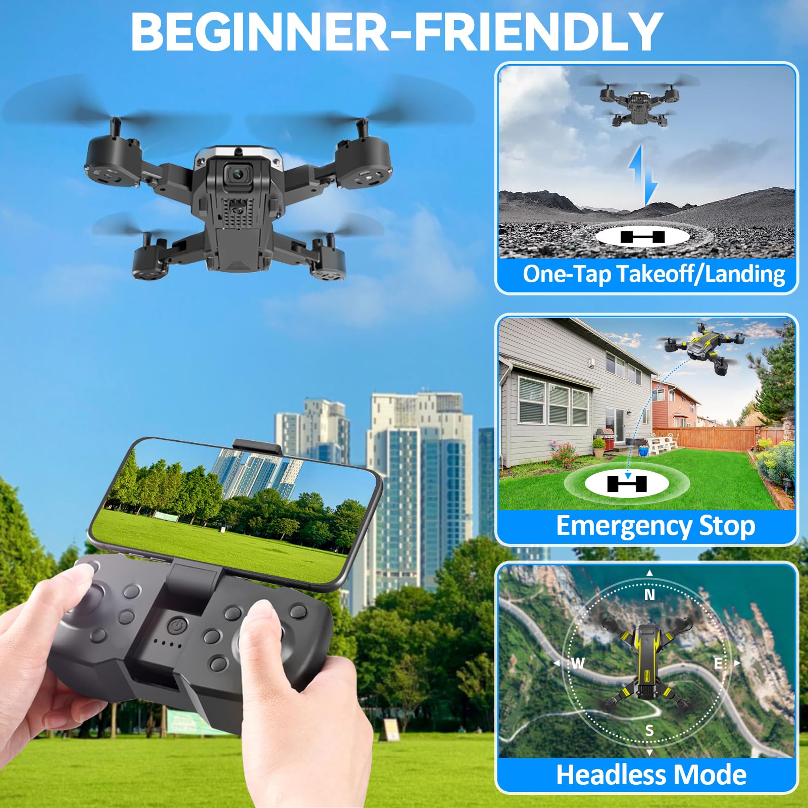 Drone con Doppia Camera HD per Principianti, Drone Pieghevole per Bambini, 3D Flip, Decollo/Atterraggio 1 Tasto, Modalità Headless, Volo a Waypoint, per Bambini o Novizi, 2 Batterie