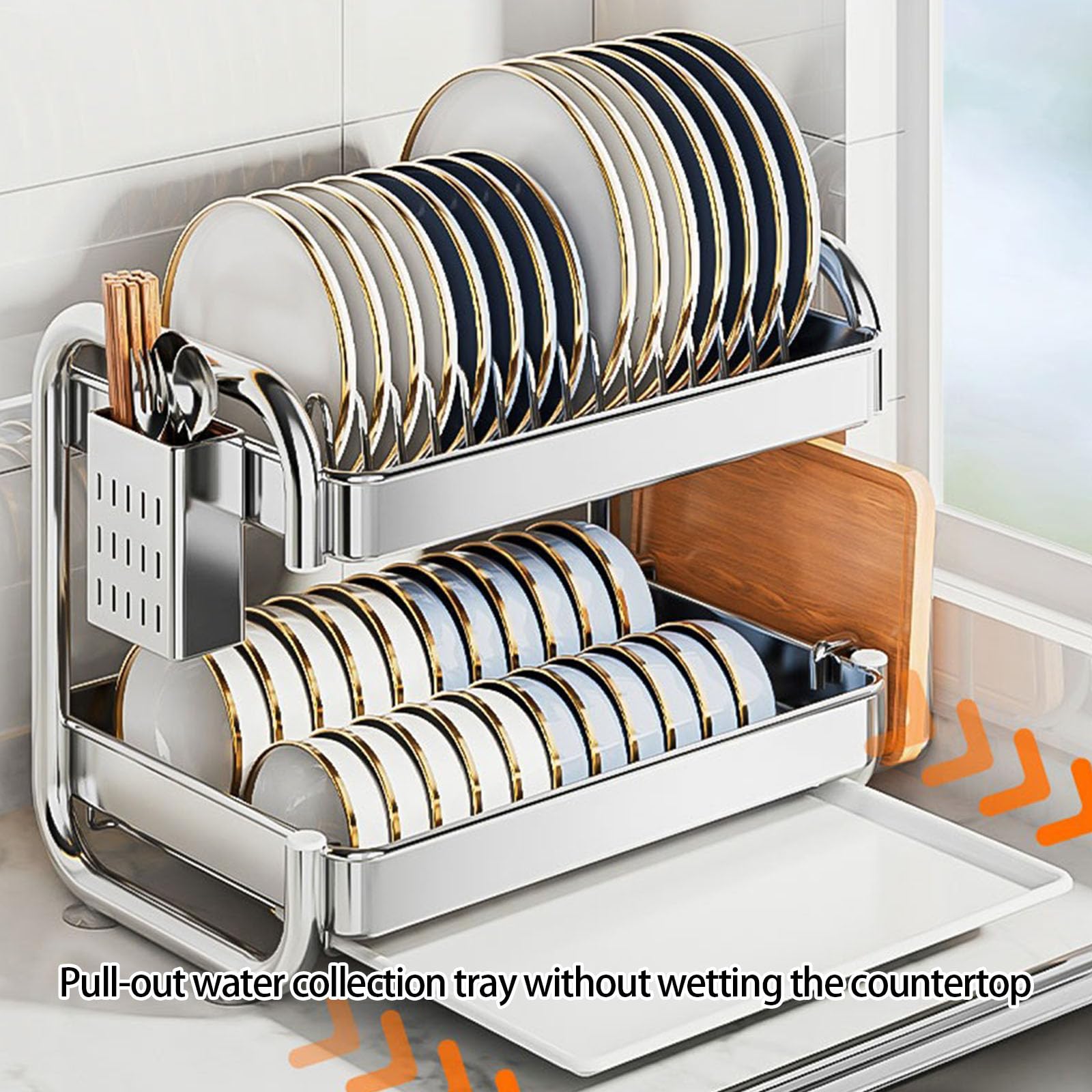 Organizador de cocina en forma de C de 2 capas con escurreplatos integrado para utensilios y almacenamiento de tabla de bambú. Estructura de metal robusta Soporte de vajilla multifuncional con tabla