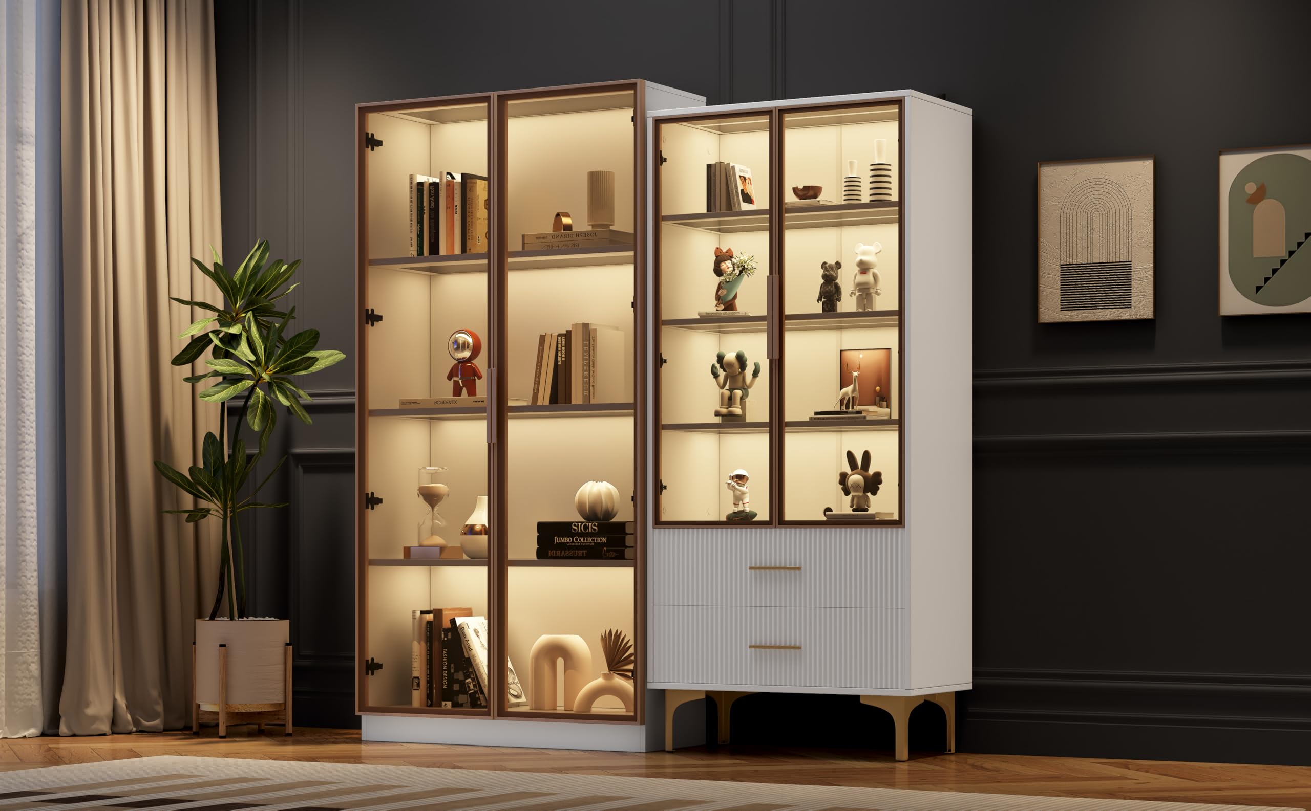 Lot de 2 vitrines en verre avec éclairage LED pour salon, avec portes en verre, panneaux de particules, blanc/platine, 80 x 40 x 160 cm + 70 x 35 x 150 cm