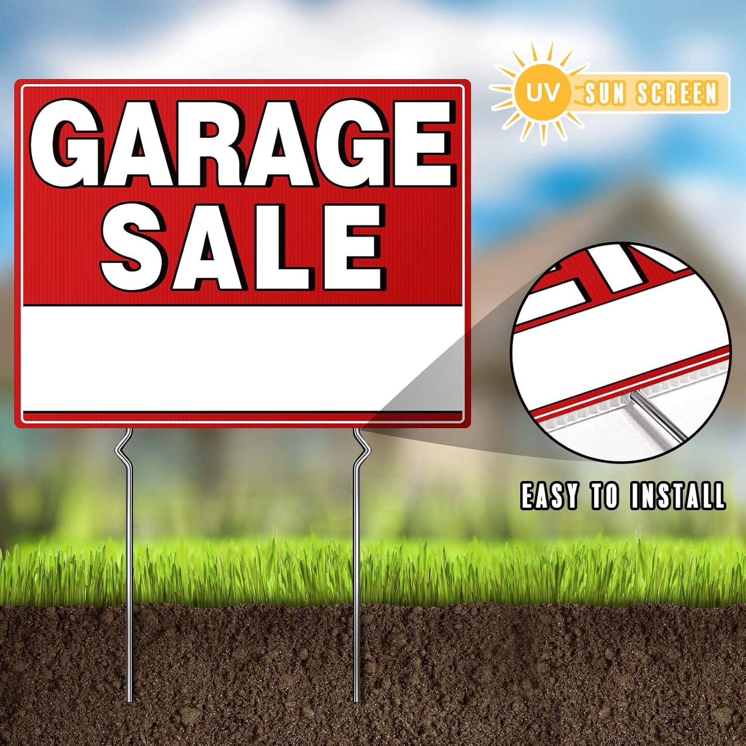 Garage Sale Sign, 17 x 13 Double-Sided With Stakes and Arrow Stickers - Weather-Proof (3 Pack)