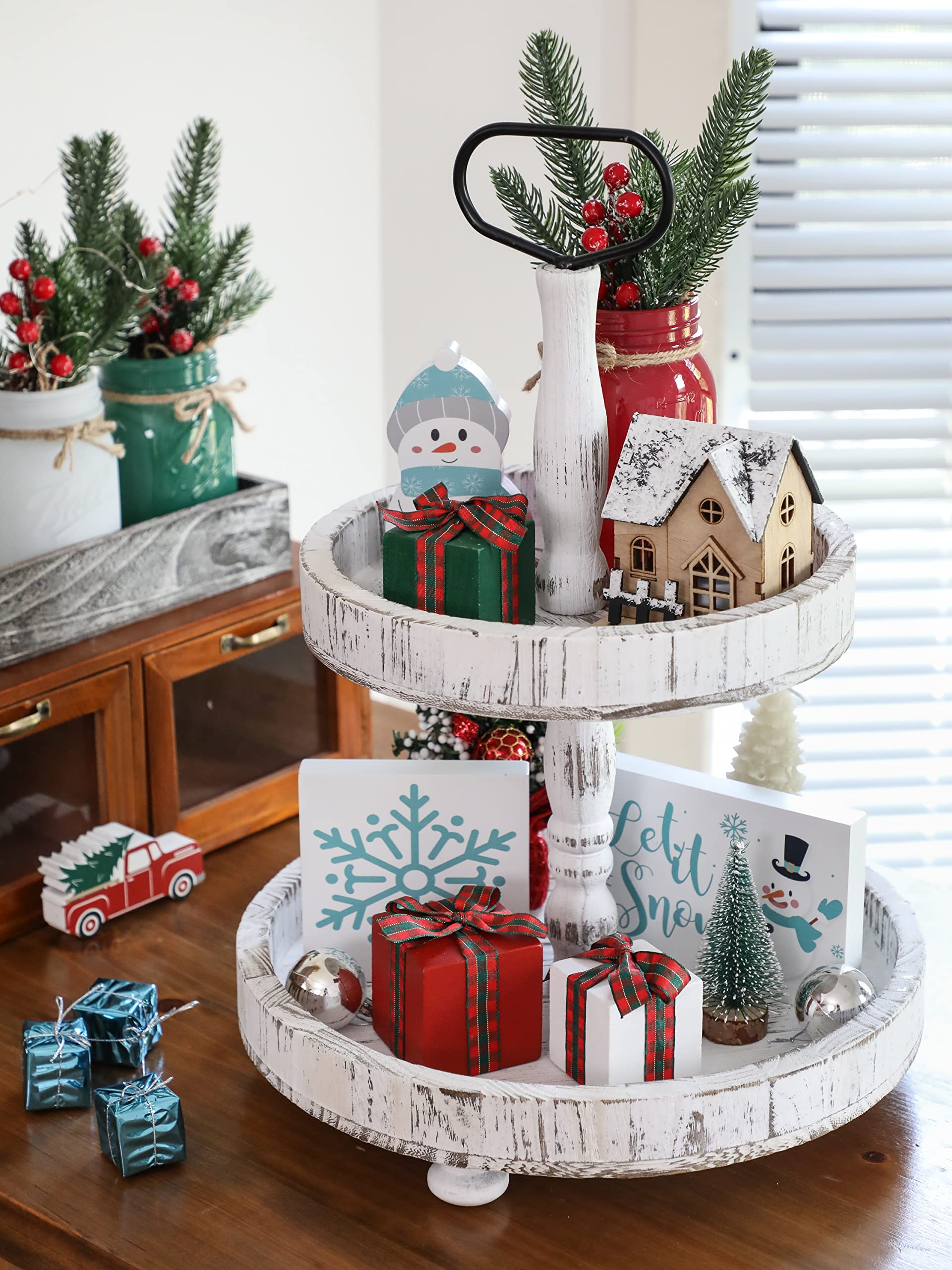 Juego de 3 bandejas escalonadas de Navidad para decoración de mesa pequeña de madera (Buffalo Plaid 1)
