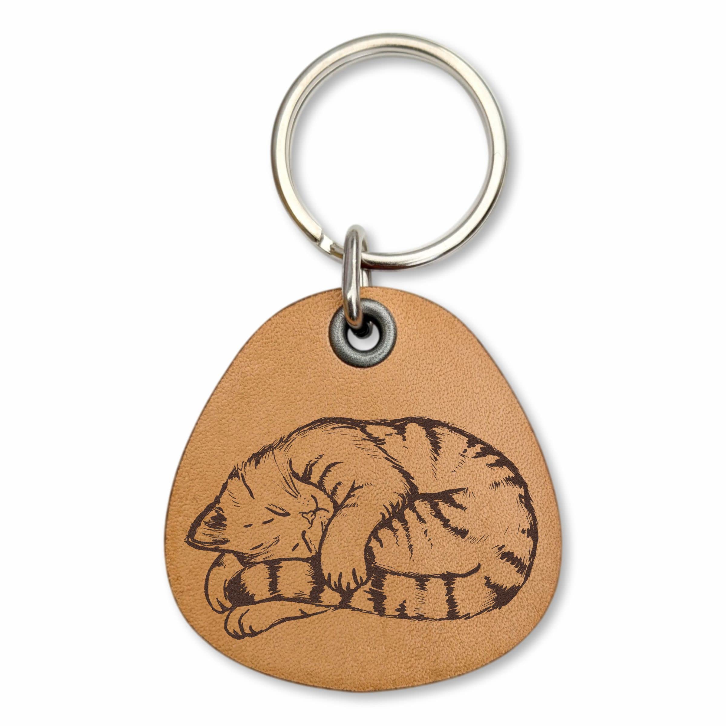 ForLeatherMore - Sleepy Tabby Cat - Genuine Leather Keychain - Pet Key Fobs