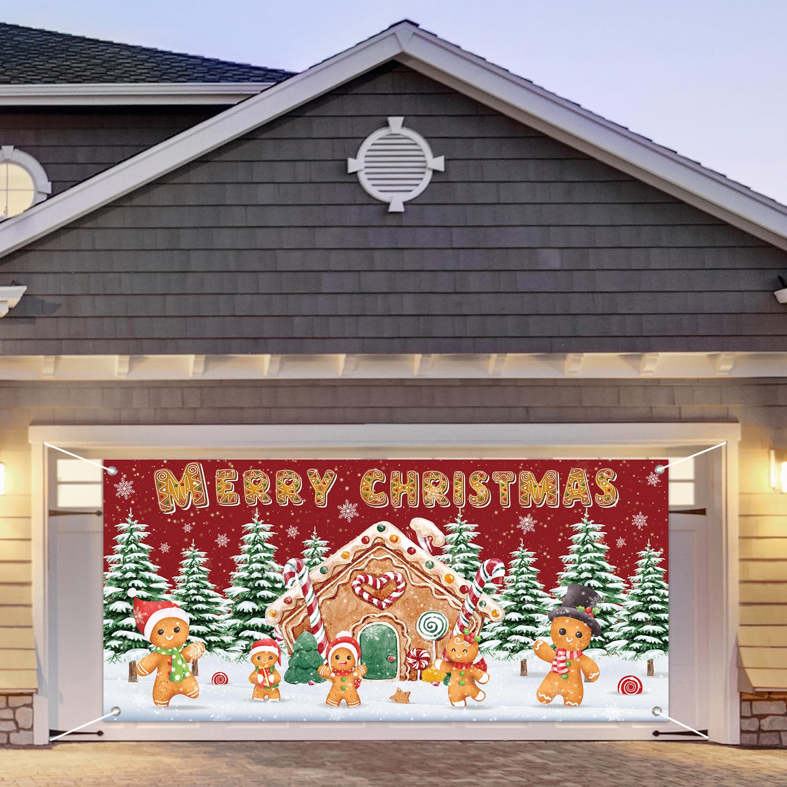 JarThenaAMCS Cartel de puerta de garaje con texto en inglés "Merry Christmas", para árbol de Navidad, hombre de jengibre, 6 x 13 pies, letrero grande nevado para patio interior y exterior, fiesta en