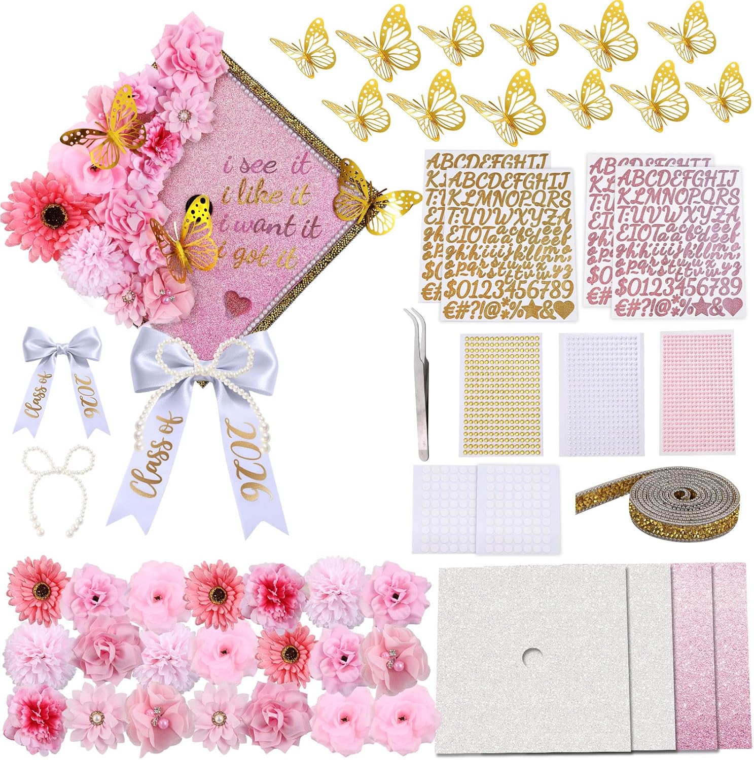 45 Pcs DIY Graduation Cap Decorations Kit Faux Flower Heads Bow 3D Butterfly Adhesive Rhinestones Glitter Alphabet Letter Number Sticker for Grad Cap Topper Graduation Party DIY Crafts(Pink)