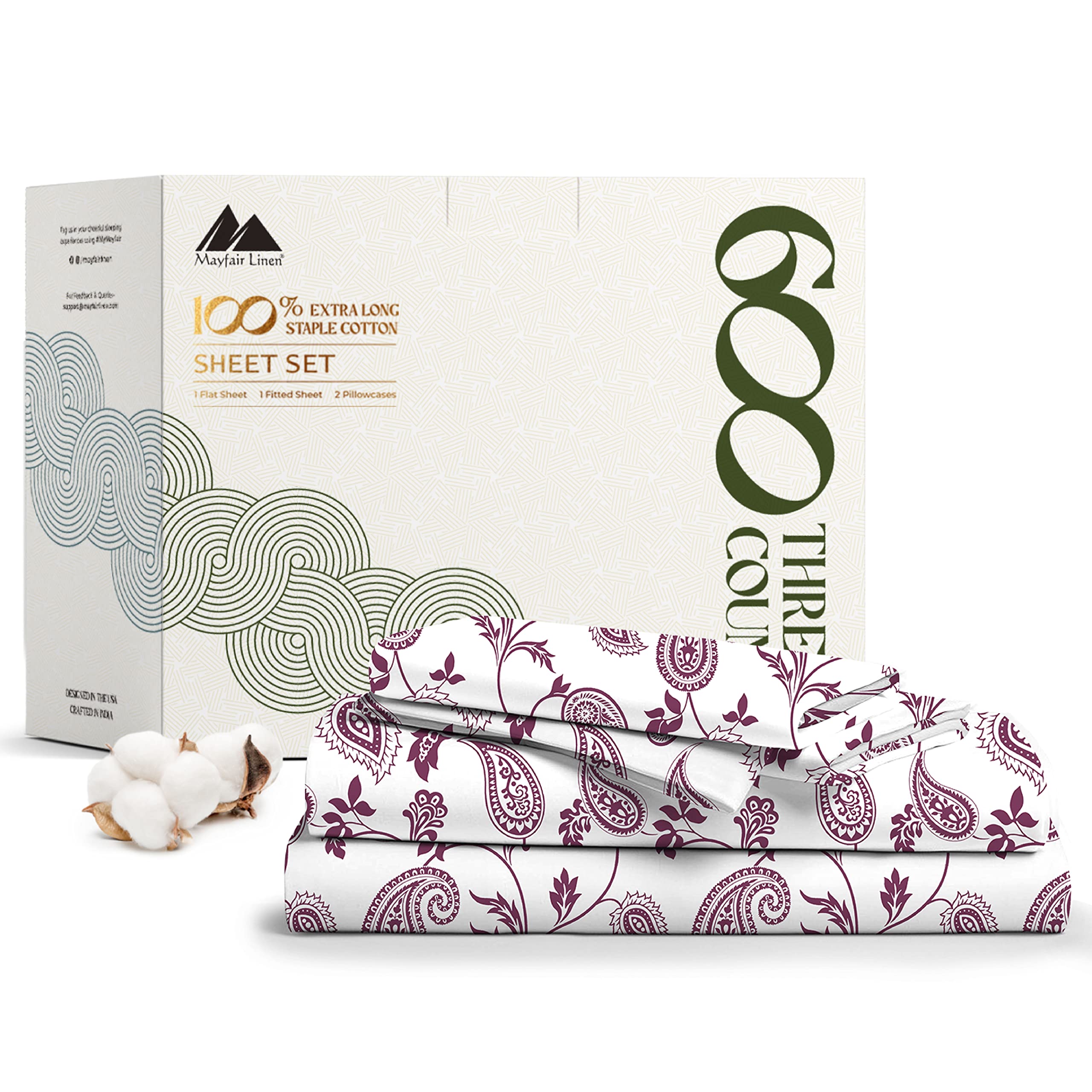 Mayfair Linen Egyptian Cotton Printed Bed Sheets - 600 TC 4 Pc Paisley Printed King Sheets for King Size Bed - Hotel Luxury Sateen Weave Bedsheets - Deep Pockets - Soft, Breathable & Cooling Sheets