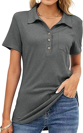 TFSDOD Womens Short Sleeve Polo T Shirts V Neck Business Casual Collared Button Down Tunics Office Work Tops with Pocket