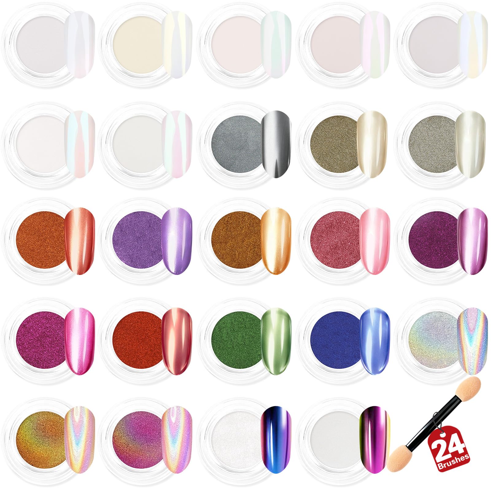 24 Jars Chrome Nail Powder Kit, White Pearl Silver Metallic/Mirror Effect