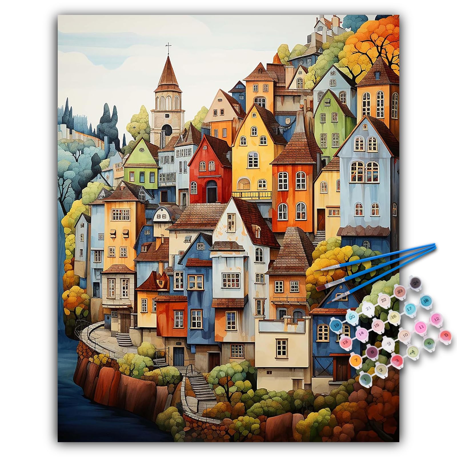 Paint by Numbers Kit for Adults Beginner, Countryside Acrylic Adult Paint by Number Kits on Canvas, Village Landscape Watercolor Oil Number Painting for Adults, Perfect for Home Decor Gift 16"x20"