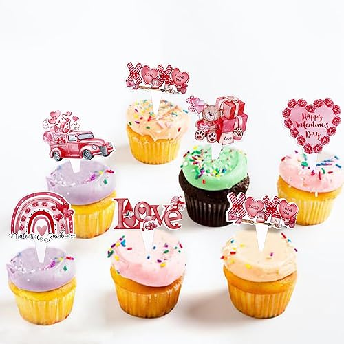 Miniatura 5 de Ercadio Paquete de 25 adornos para cupcakes de corazón rojo y rosa con purpurina de corazón para el primer cumpleaños, aniversario, decoración de