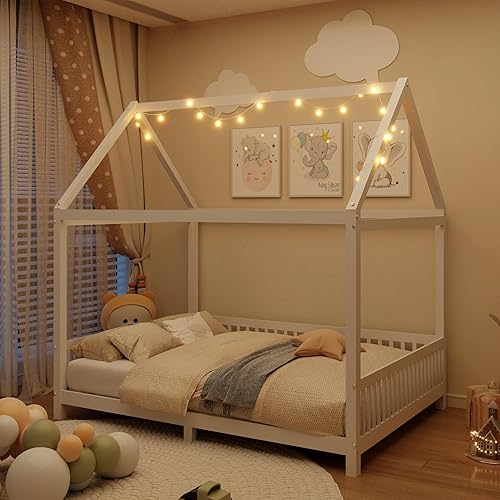 Miniatura 9 de Bellemave Cama Montessori de tamaño individual, camas de piso de madera con luz LED y barandillas de cerca, cama de casa de juegos para niños y