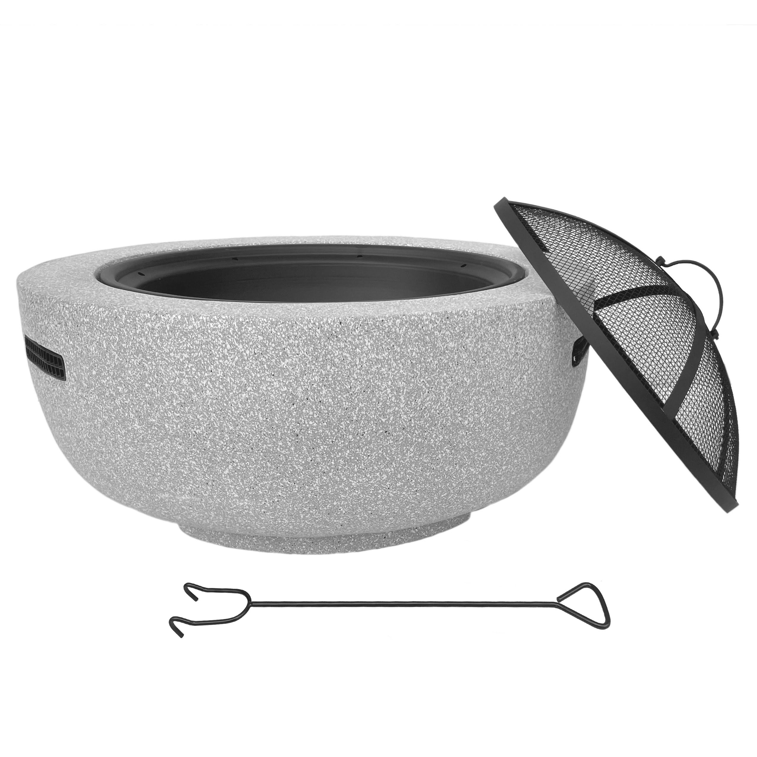Feuerschale 2-in-1 aus Kunststein in Granitoptik | ca. Ø 60 cm | inkl. Grillrost, Schürhaken & Funkenschutz | als Grill & Feuerkorb für den Garten nutzbar | Moderne Feuerstelle zum Kochen und Chillen