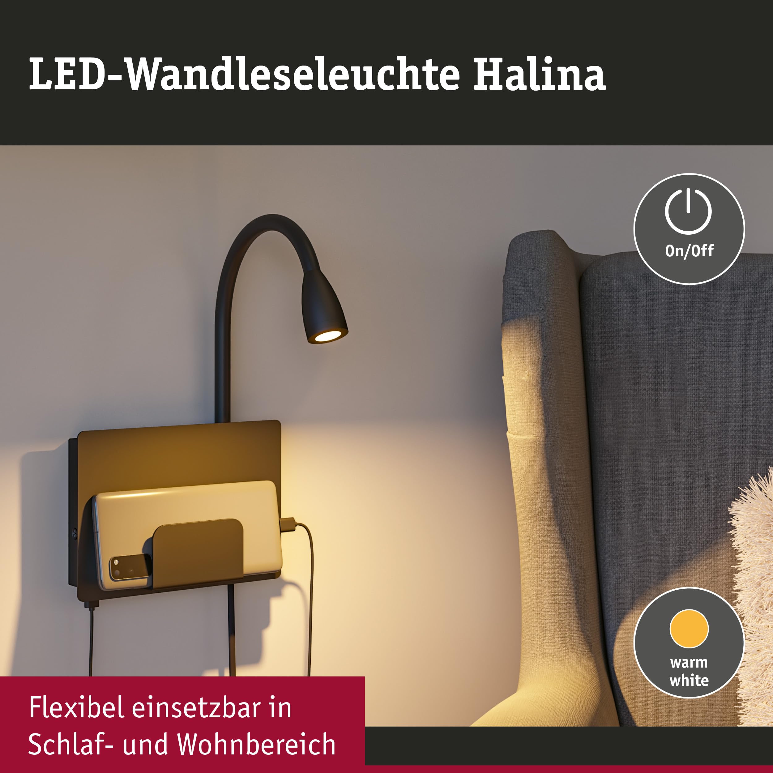 Paulmann 71101 LED Wandleuchte Halina USB C 2700K 200lm 230V 2,4W Schwarz matt Wandleselampe