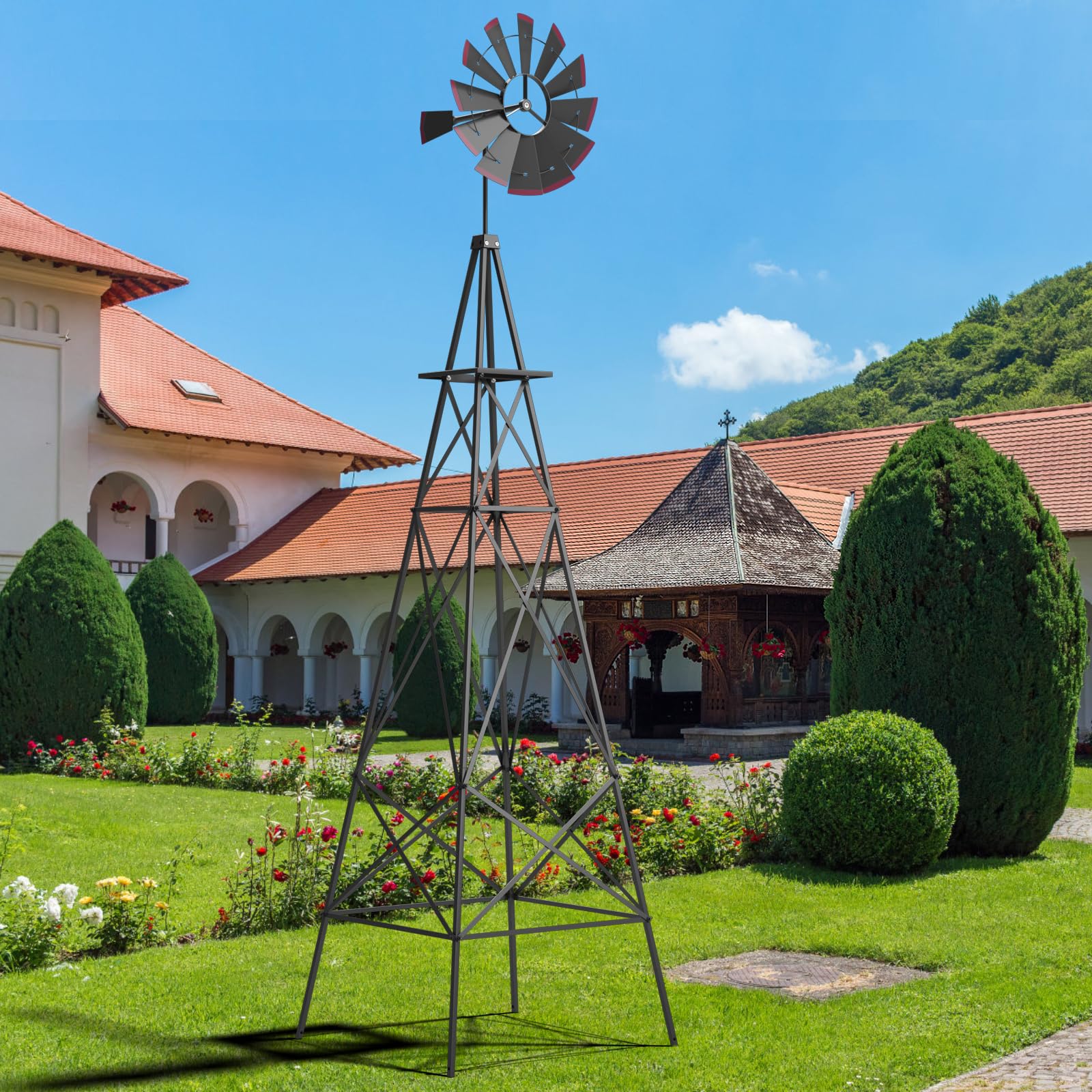 GOPLUS Metalowy wiatrak, wysokość 253 cm, dzwonki wiatrowe, wodoszczelny, odporny na warunki atmosferyczne, wiatrak z kołkami do wbijania w ziemię i strukturą w kształcie litery X, dekoracja ogrodowa
