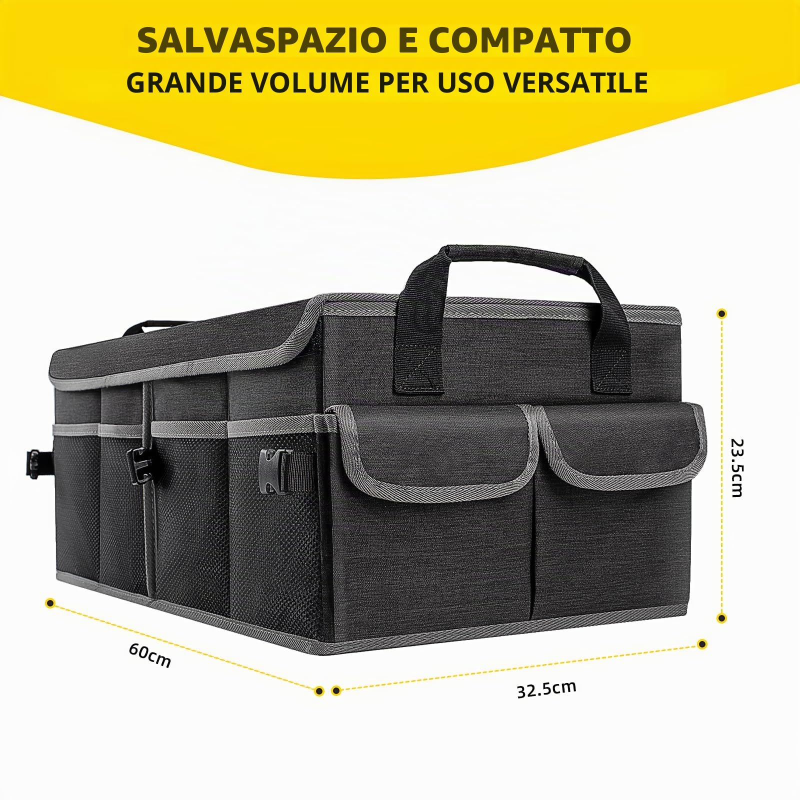 YBCPACK Organizer per bagagliaio dell'auto, 60 l, con coperchio, impermeabile e pieghevole, con velcro antiscivolo, 3 livelli e tasche laterali, organizer per auto in materiale Oxford, per campeggio,