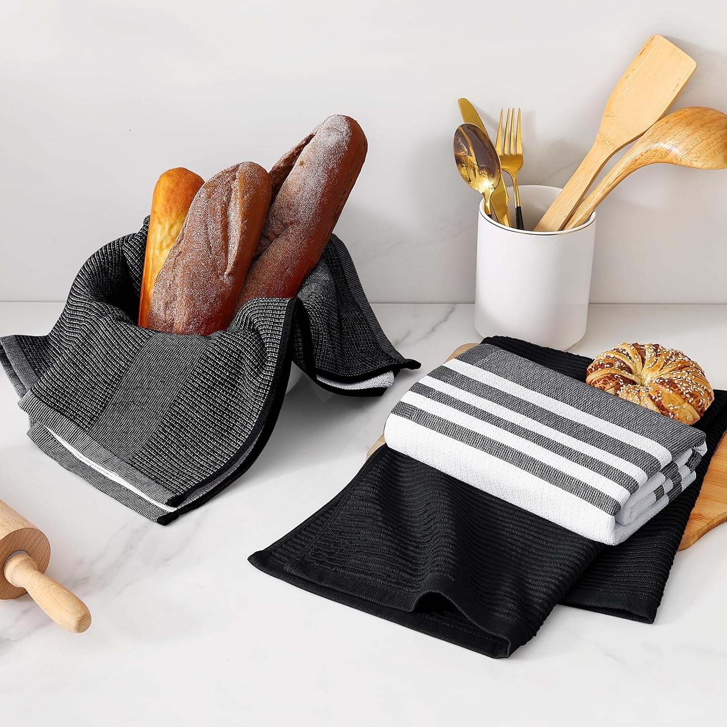 Homaxy Premium Kitchen Towels(18”x 28”, 6 Pack), Large Cotton 380 GSM Kitchen Hand Towels, Soft and Absorbent Terry Dish Towels, Multipurpose Tea Towel Set with Hanging Loop, Black - Image 6